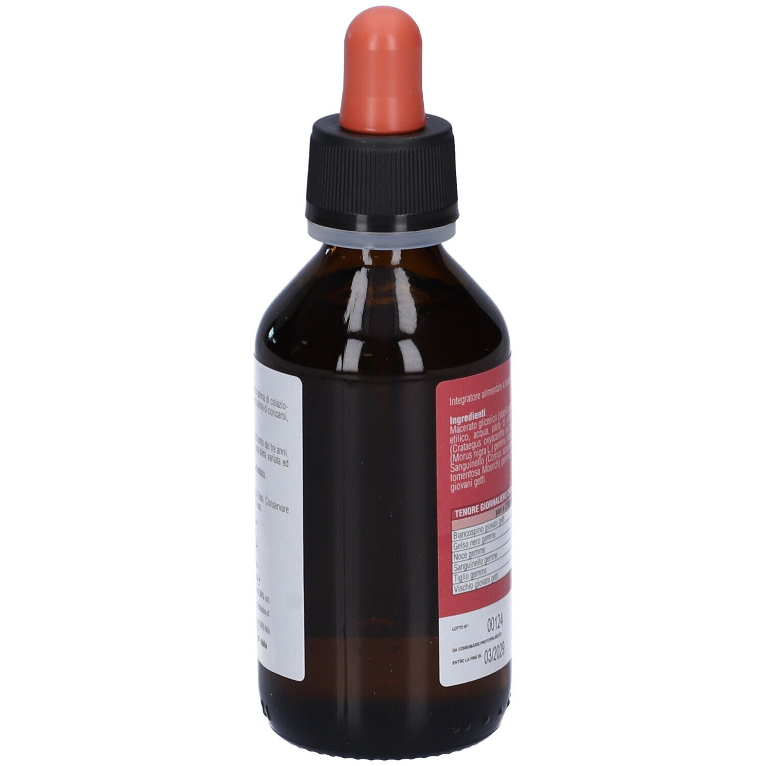 Flacone di vetro marrone con tappo nero e contagocce rosso. Etichetta con ingredienti e informazioni nutrizionali.