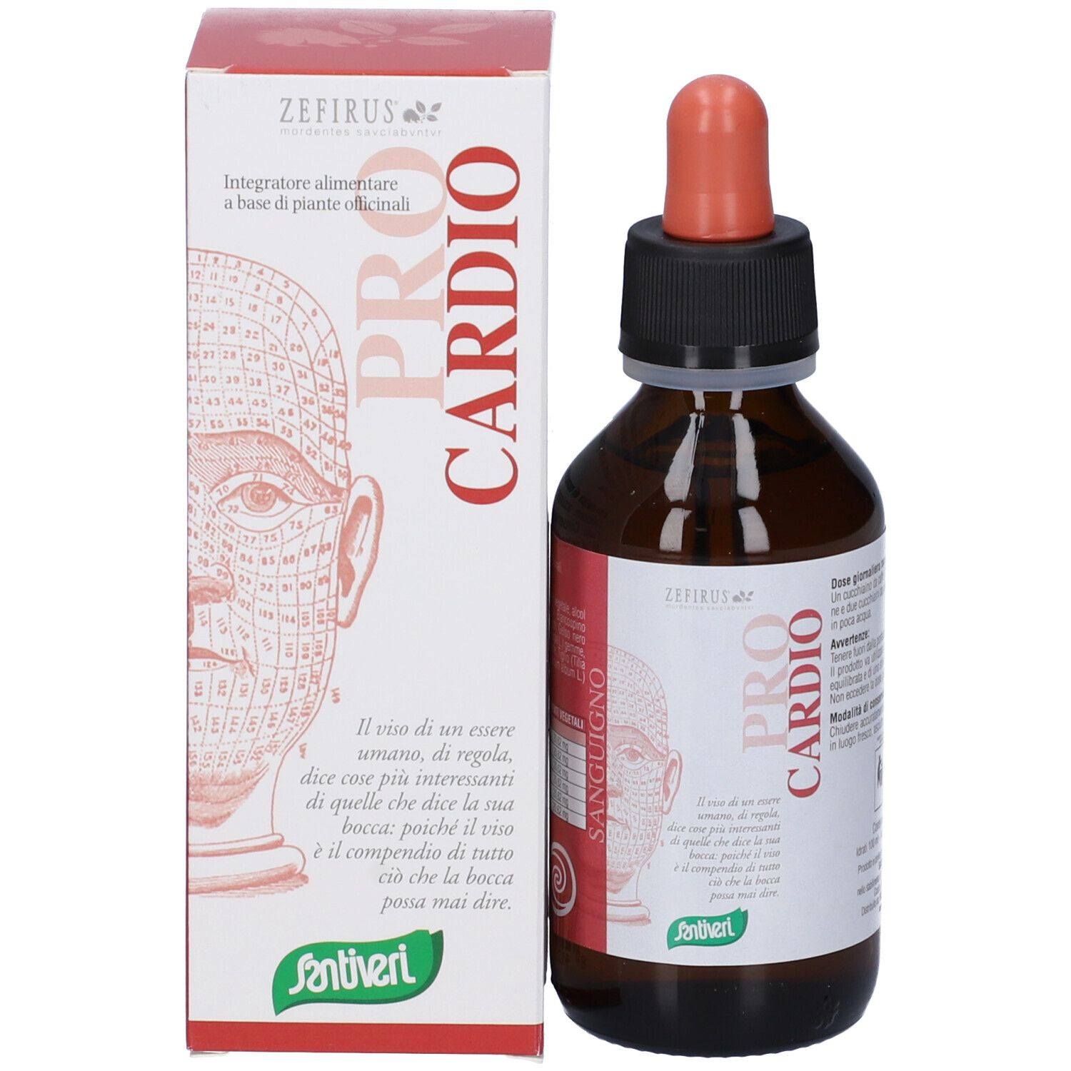 Flacone di vetro marrone con tappo nero e contagocce rosso accanto a una scatola bianca. Scritta "PRO CARDIO".
