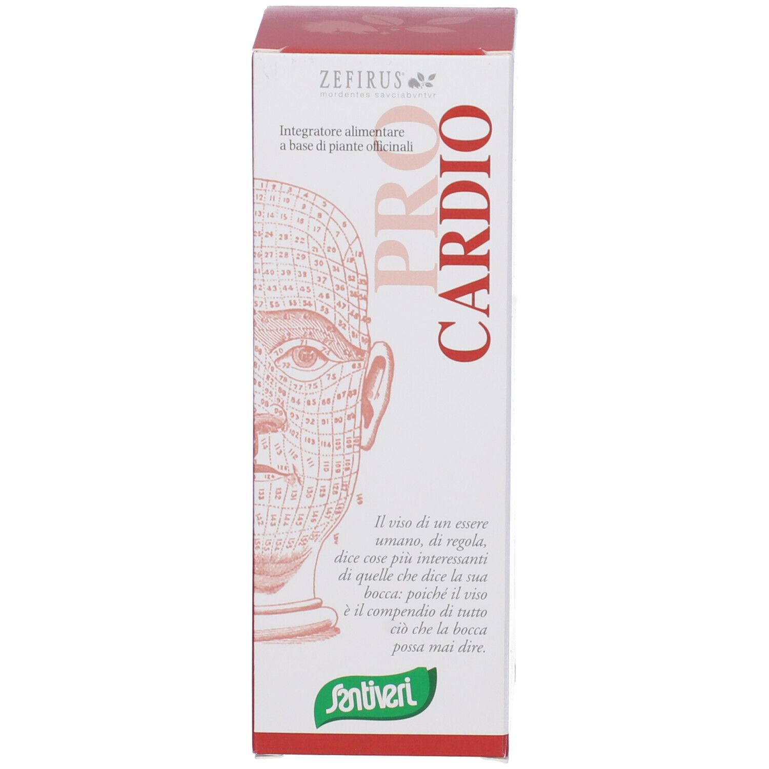 Scatola bianca con scritta "PRO CARDIO" e logo. Illustrazione di un volto.