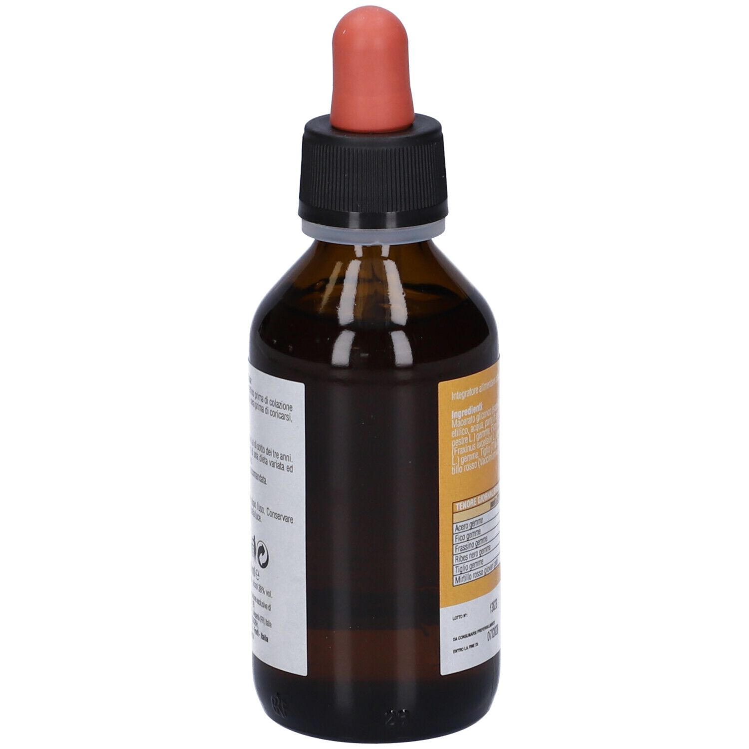 Flacone di vetro marrone con tappo nero e contagocce rosso. Etichetta con testo. Nome prodotto: PRO METABOLIC.