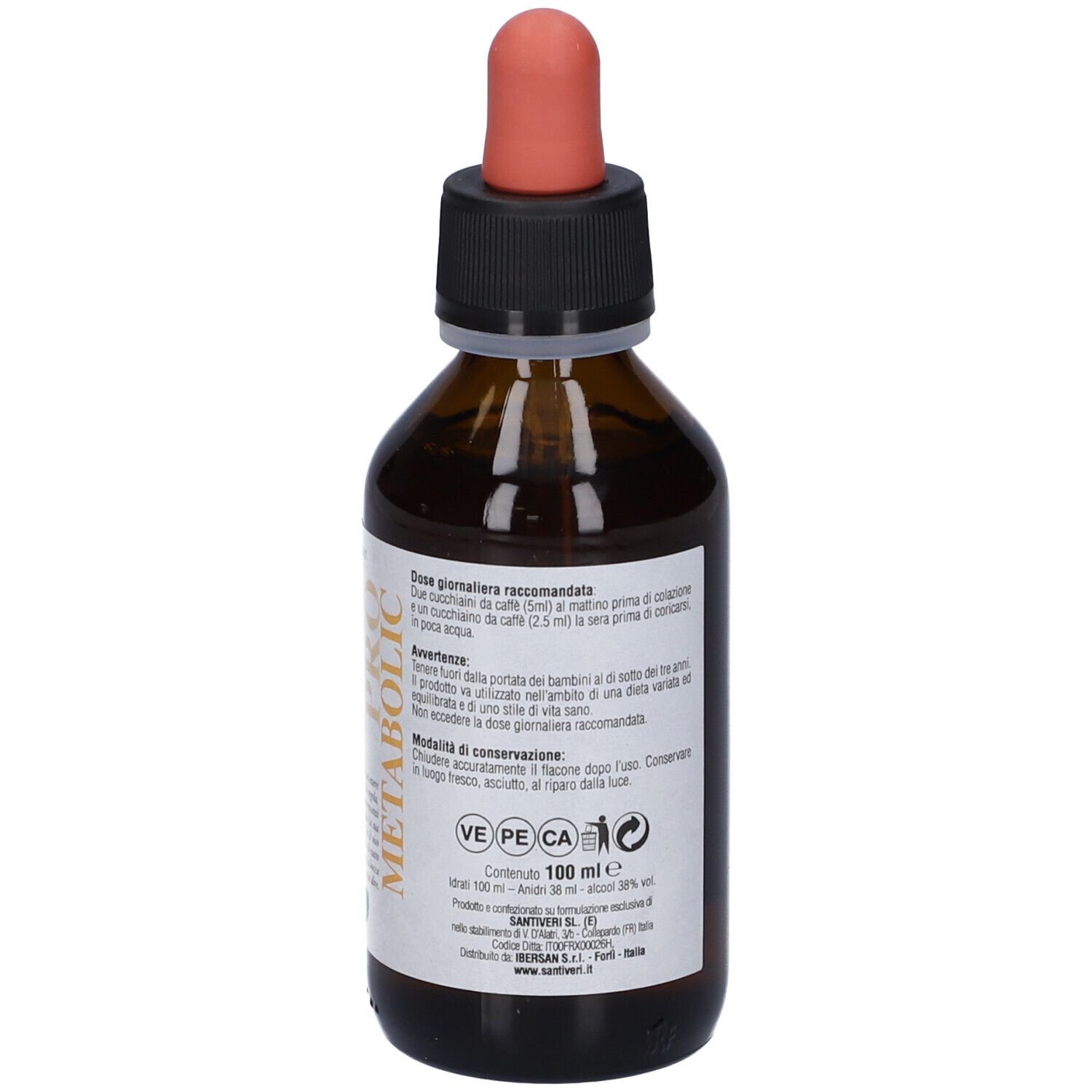 Flacone di vetro marrone con tappo nero e contagocce rosso. Etichetta con testo. Nome prodotto: PRO METABOLIC.