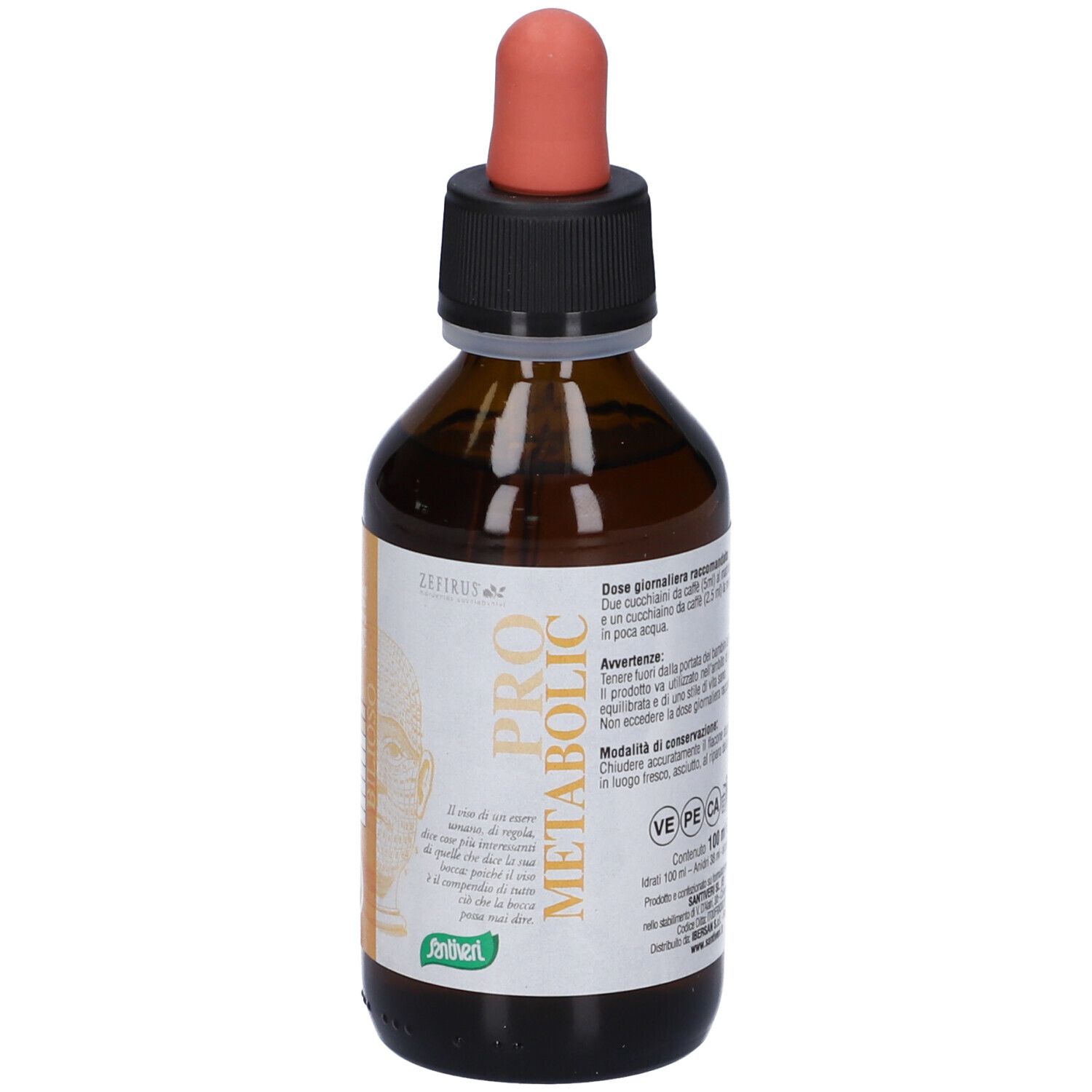 Flacone di vetro marrone con tappo nero e contagocce rosso. Etichetta con testo. Nome prodotto: PRO METABOLIC.