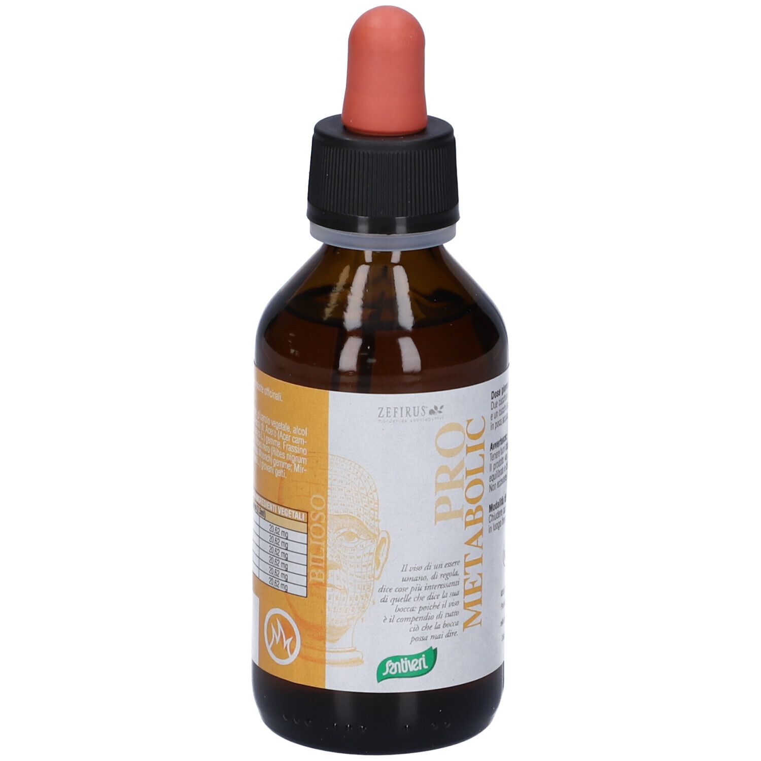 Flacone di vetro marrone con tappo nero e contagocce rosso. Etichetta con testo e logo. Nome prodotto: PRO METABOLIC.