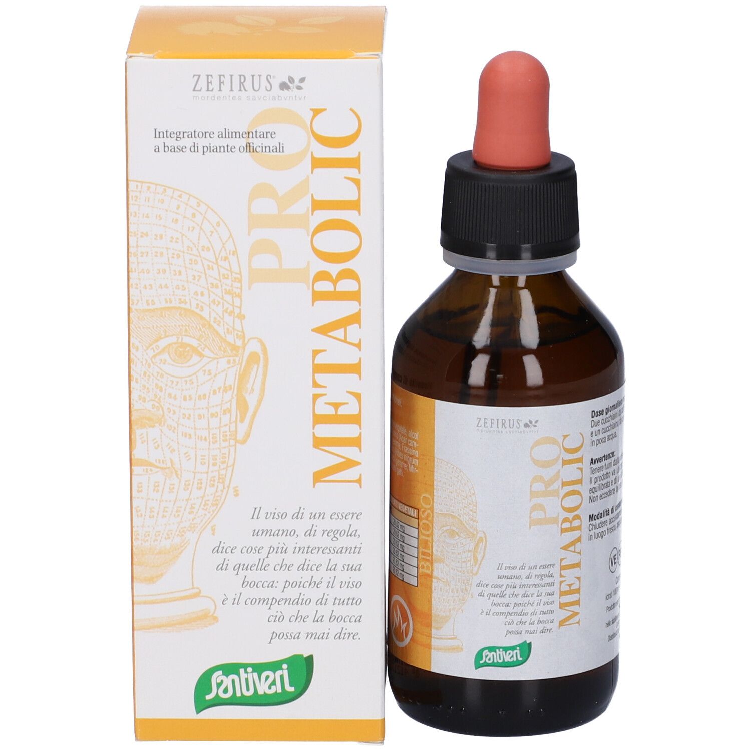 Flacone di vetro marrone con tappo nero e contagocce rosso accanto a una scatola bianca. Nome prodotto: PRO METABOLIC.