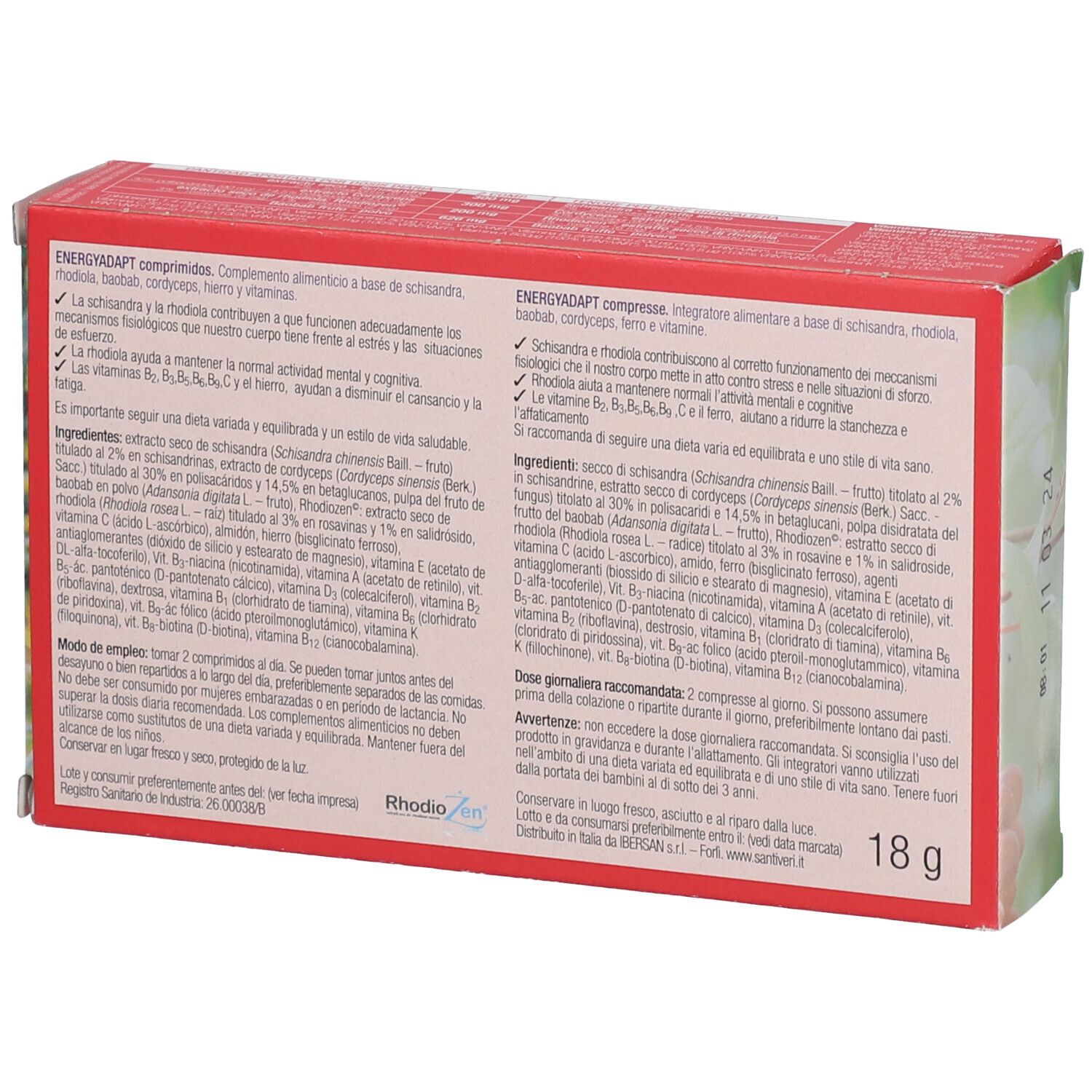 Retro della scatola "Energy Adapt". Testo multilingue. Ingredienti e raccomandazioni di dosaggio. Contiene 18g.