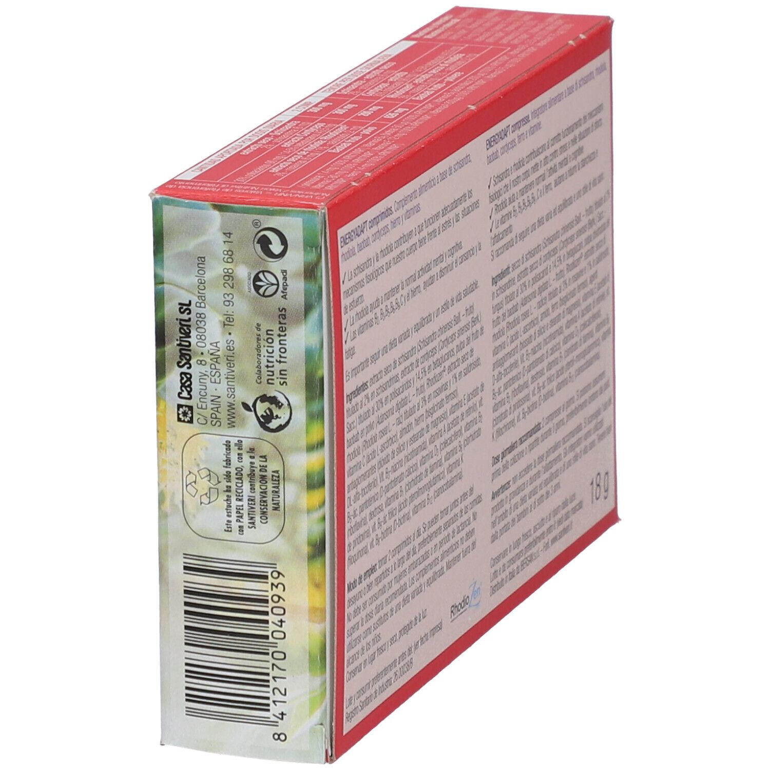 Vista laterale della scatola "Energy Adapt". Testo e loghi. Informazioni sul produttore e simbolo di riciclaggio.