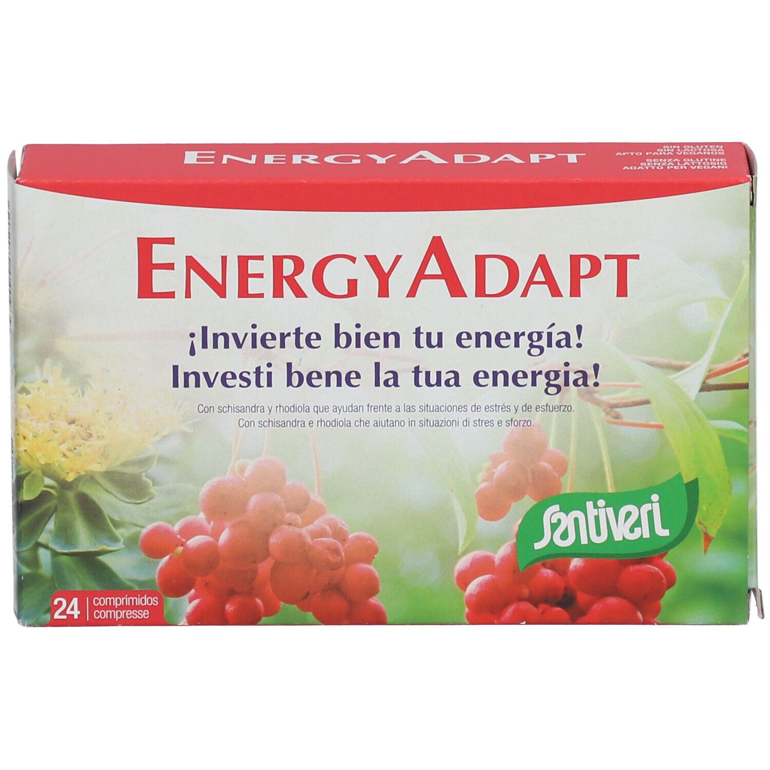 Vista frontale della scatola "Energy Adapt". Confezione rossa e bianca con nome del prodotto e logo. Contiene 24 compresse.