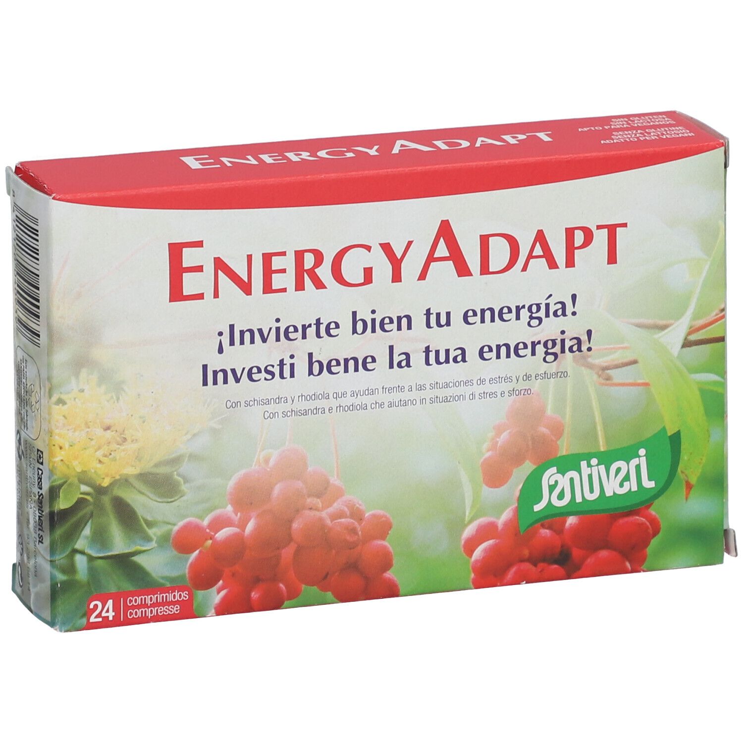 Vista frontale della scatola "Energy Adapt". Confezione rossa e bianca con nome del prodotto e logo. Contiene 24 compresse.