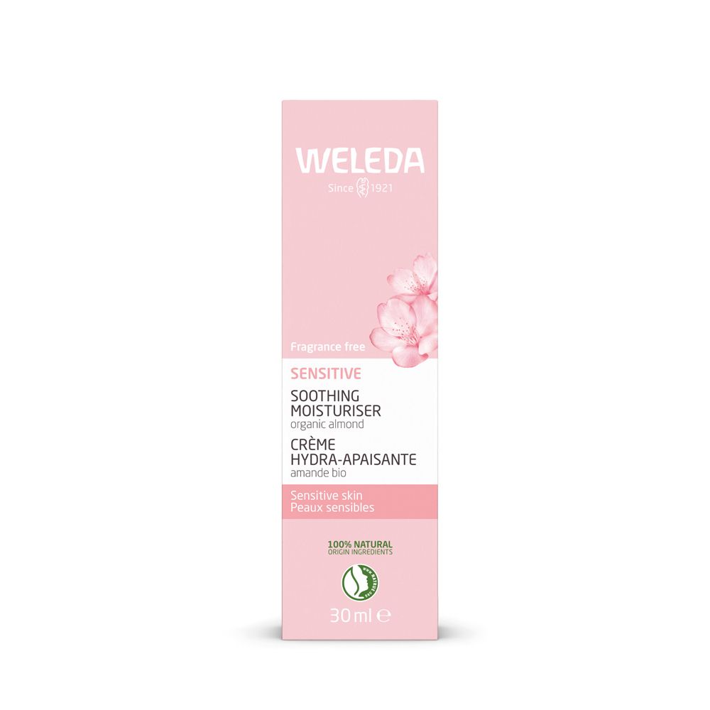 Confezione rosa WELEDA Sensitive Soothing Moisturiser. Testo in inglese e francese. 30 ml.