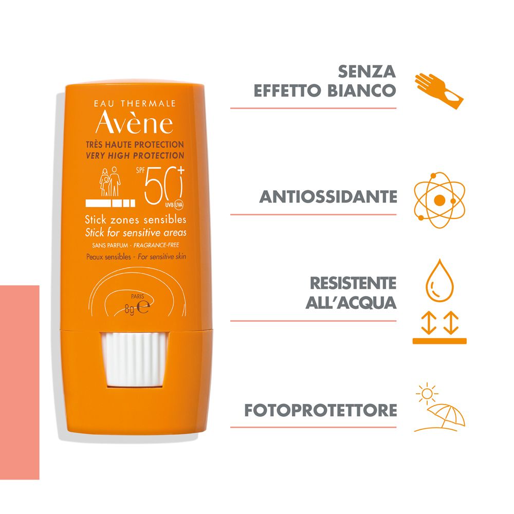 Stick arancione con testo: Eau Thermale Avène, SPF 50+, Stick zones sensibles. Icone: Antiossidante, resistente all'acqua.