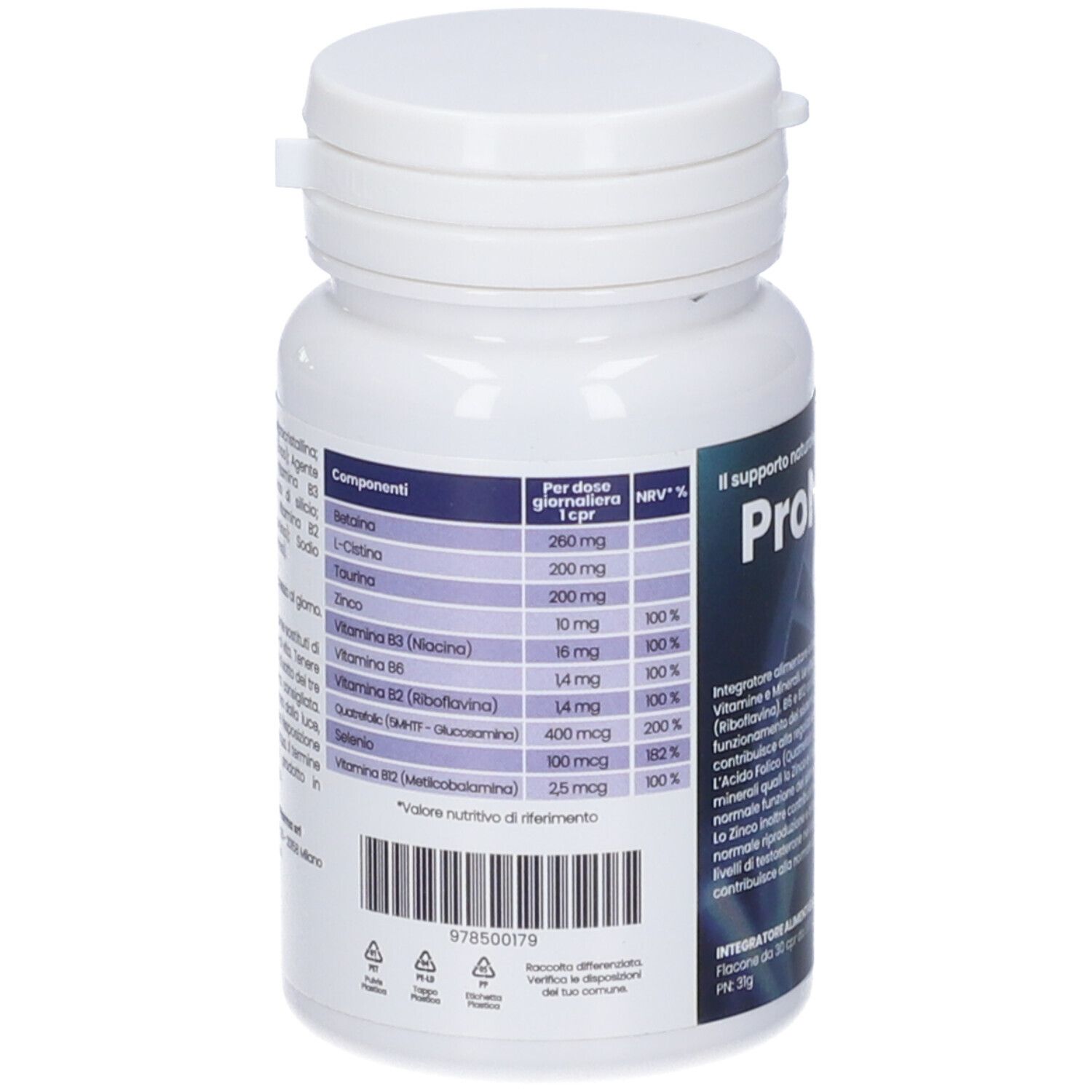 Retro del flacone bianco. Contiene informazioni sugli ingredienti e i valori nutrizionali. Codice a barre.