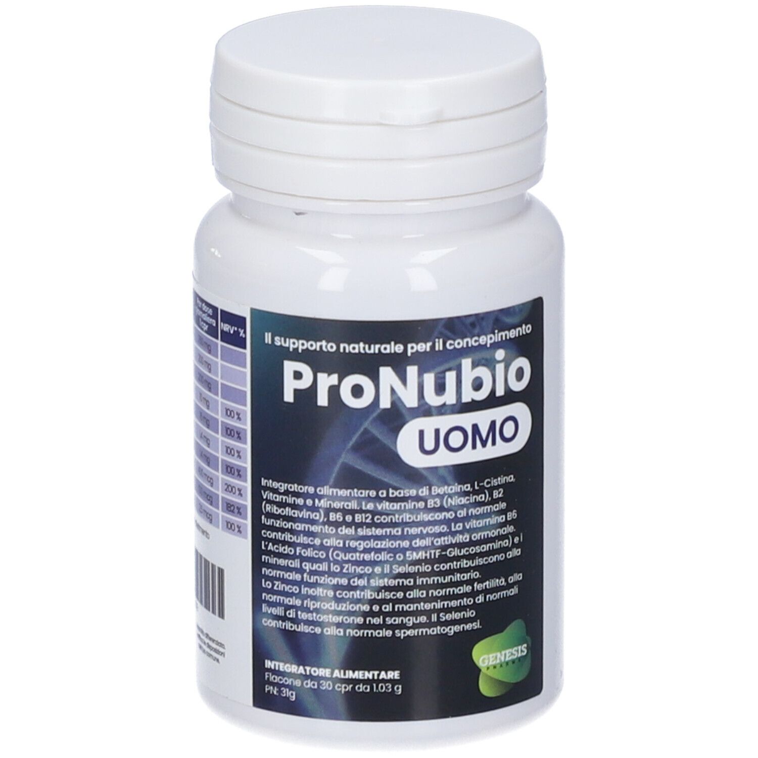 Flacone bianco con etichetta. Scritta: ProNubio Uomo. Contiene 30 compresse. Logo Genesis.