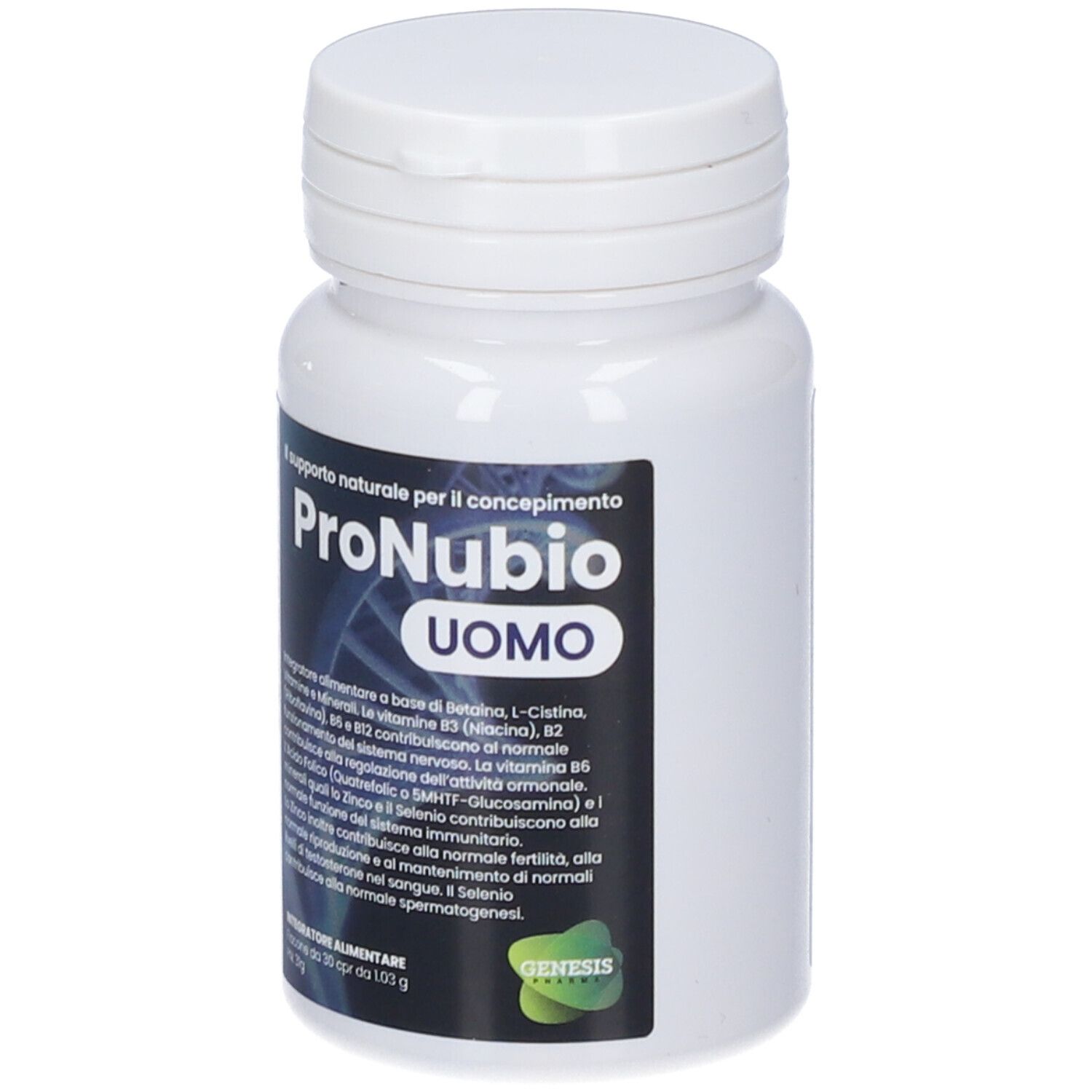 Flacone bianco con etichetta. Scritta: ProNubio Uomo. Contiene 30 compresse. Logo Genesis.