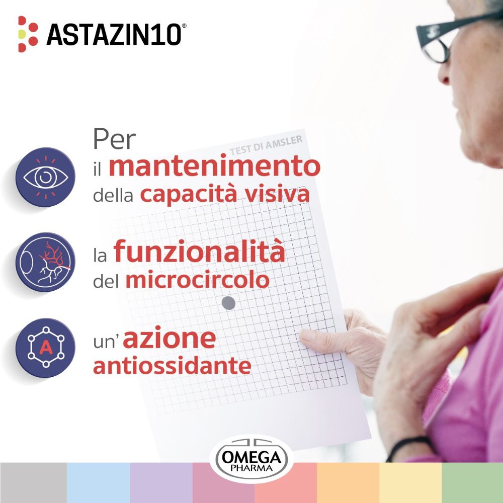 Grafica con logo Astazin10®. Testo sul mantenimento della vista, microcircolo e azione antiossidante.