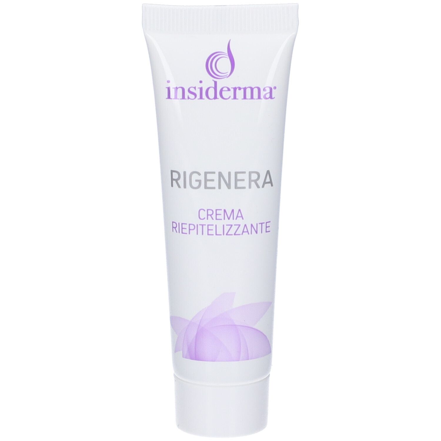 Tubo bianco con testo viola. Contiene « insiderma » e « Rigenera Crema ». Grafica viola in basso.