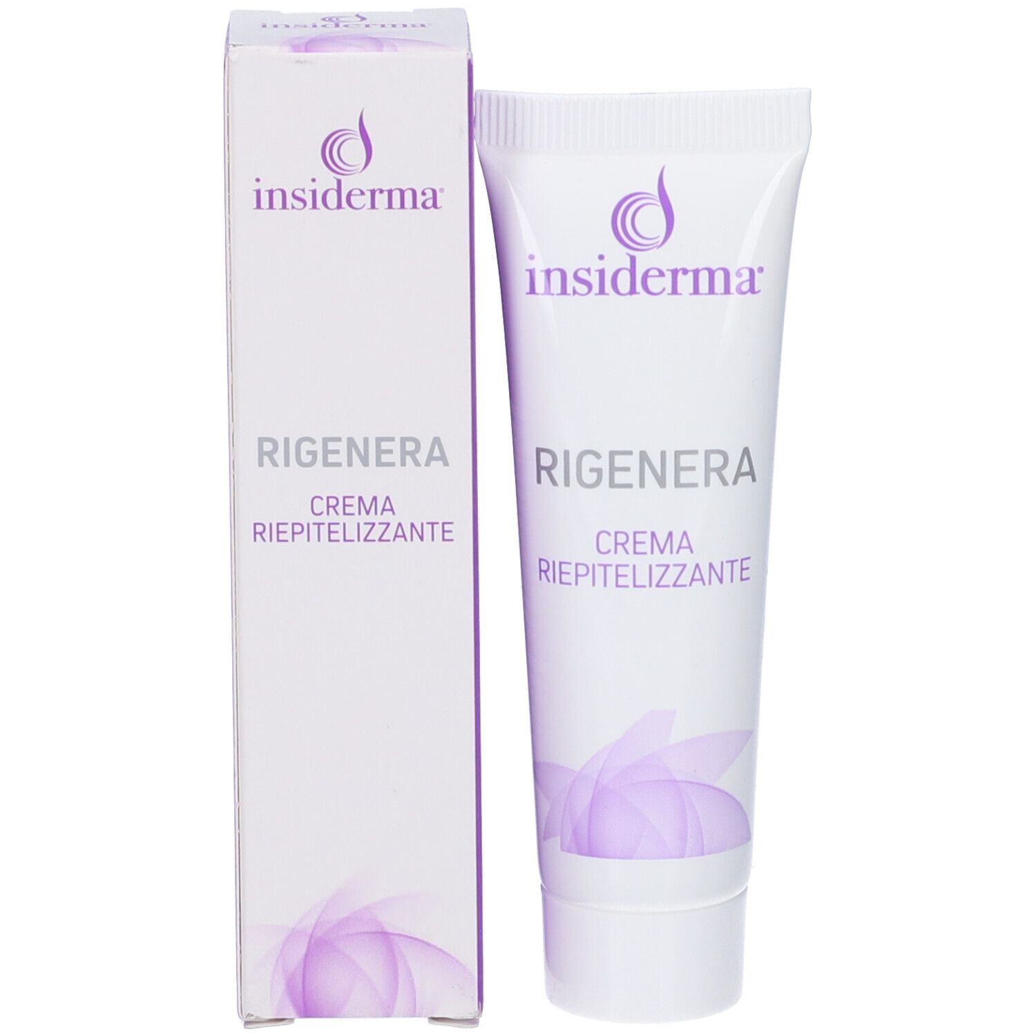 Confezione del prodotto con tubo e scatola. Entrambi mostrano « insiderma » e « Rigenera Crema ».