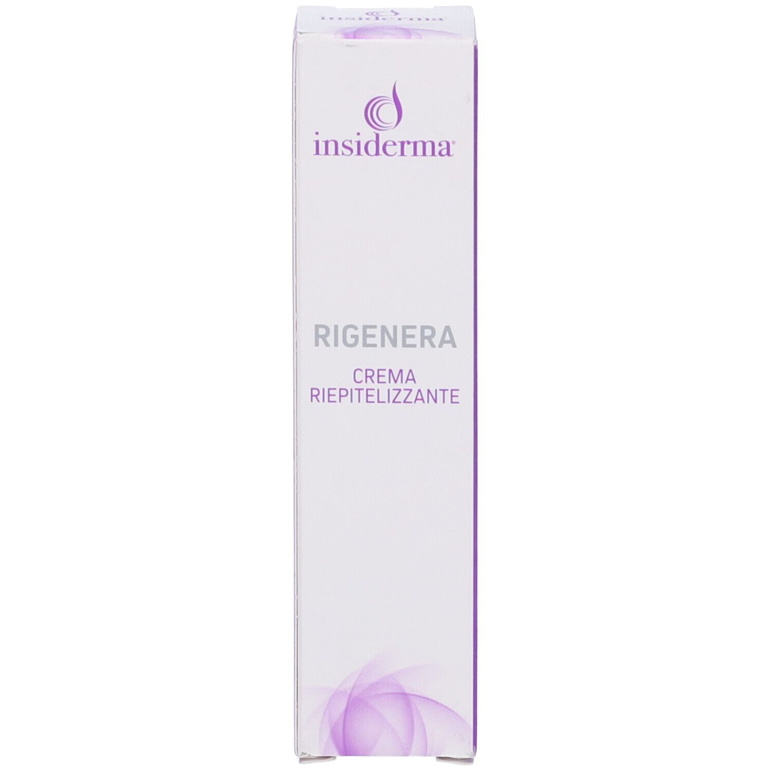 Scatola con « insiderma » e « Rigenera Crema ». Grafica e testo viola.