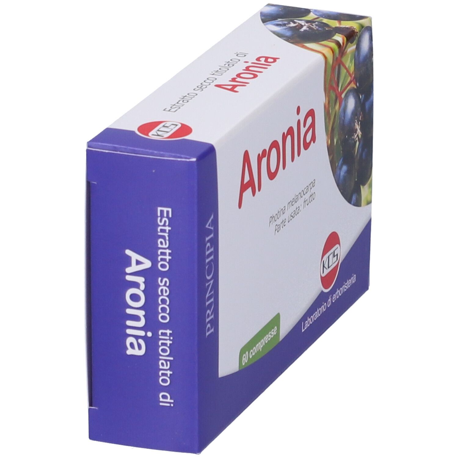 Confezione di compresse di Aronia. Scritta: Aronia. Vista laterale con testo: Estratto secco titolato di Aronia.