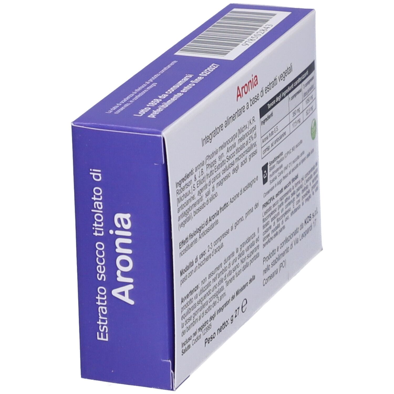 Confezione di compresse di Aronia. Vista laterale con testo: Estratto secco titolato di Aronia. Peso: 27 g.
