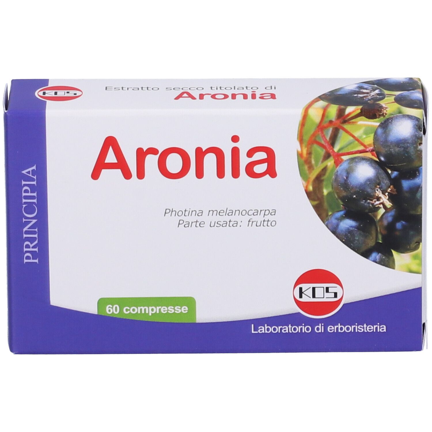 Confezione di compresse di Aronia. Scritta: Aronia, 60 compresse. Immagine di bacche di aronia.