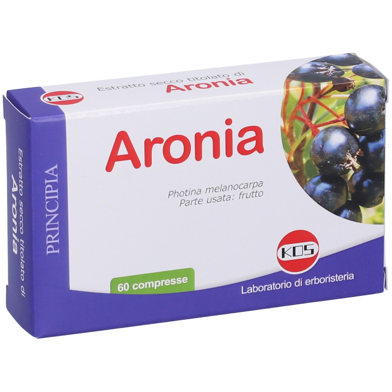 Confezione di compresse di Aronia. Scritta: Aronia, 60 compresse. Immagine di bacche di aronia.
