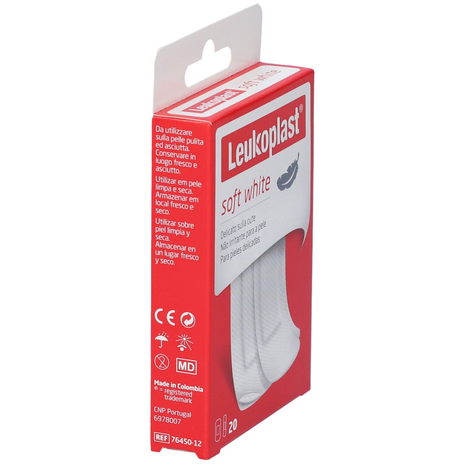 Confezione rossa con cerotti. Scritta: Leukoplast soft white. Loghi e testo visibili.