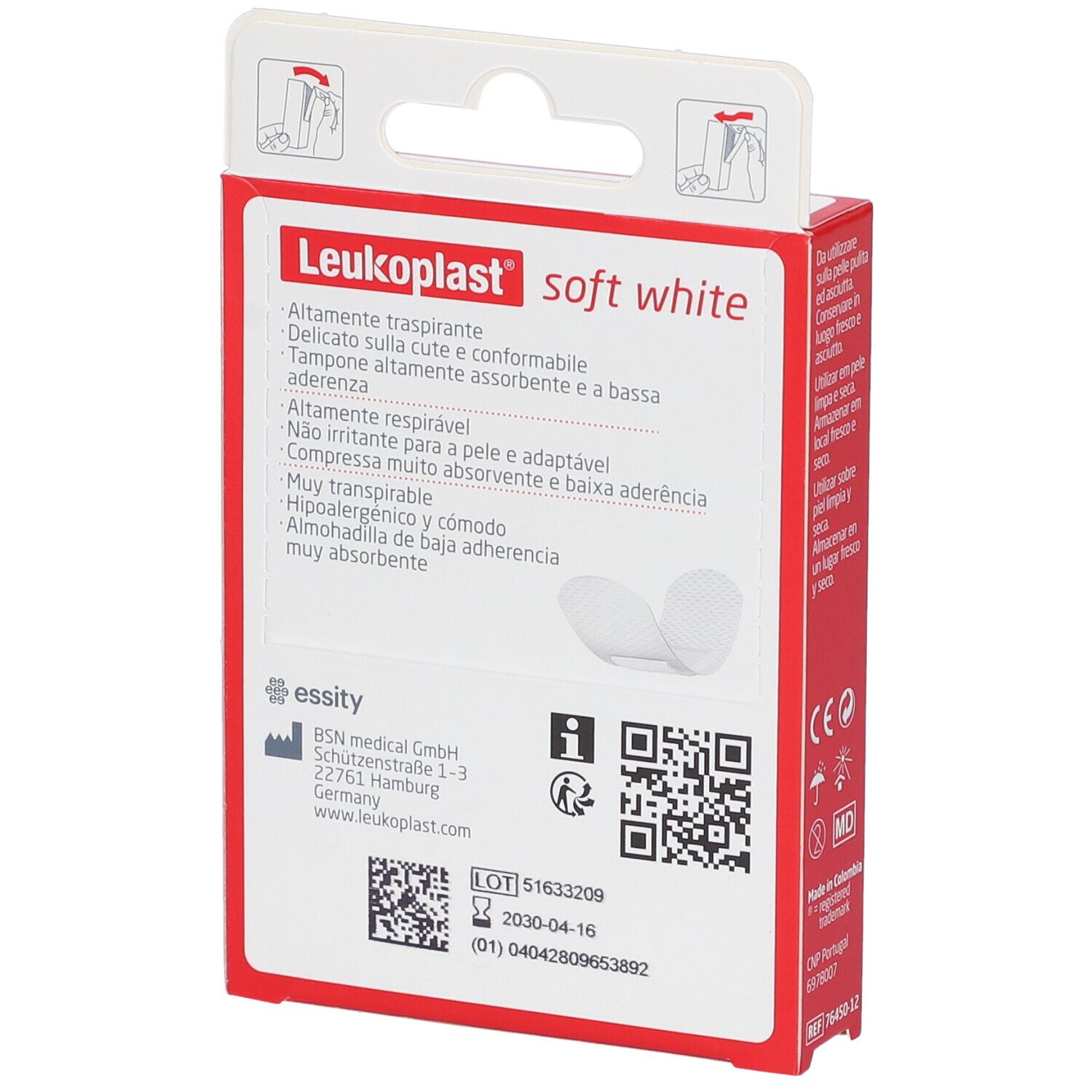 Retro della confezione rossa. Scritta: Leukoplast soft white. Informazioni e loghi visibili.