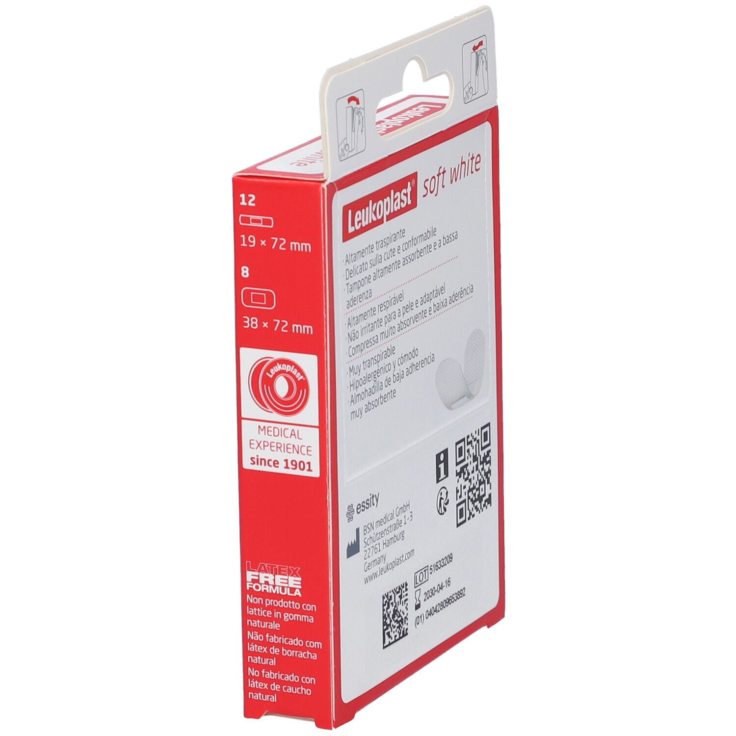 Confezione rossa con cerotti. Scritta: Leukoplast soft white. Dimensioni e loghi visibili.