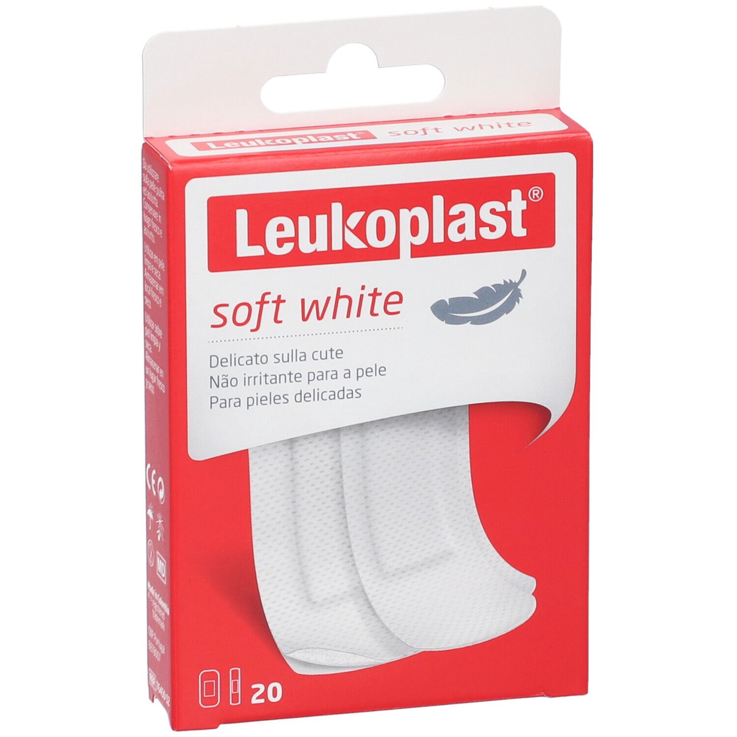 Confezione rossa con cerotti. Scritta: Leukoplast soft white. Contiene 20 cerotti. Due cerotti sono visibili.