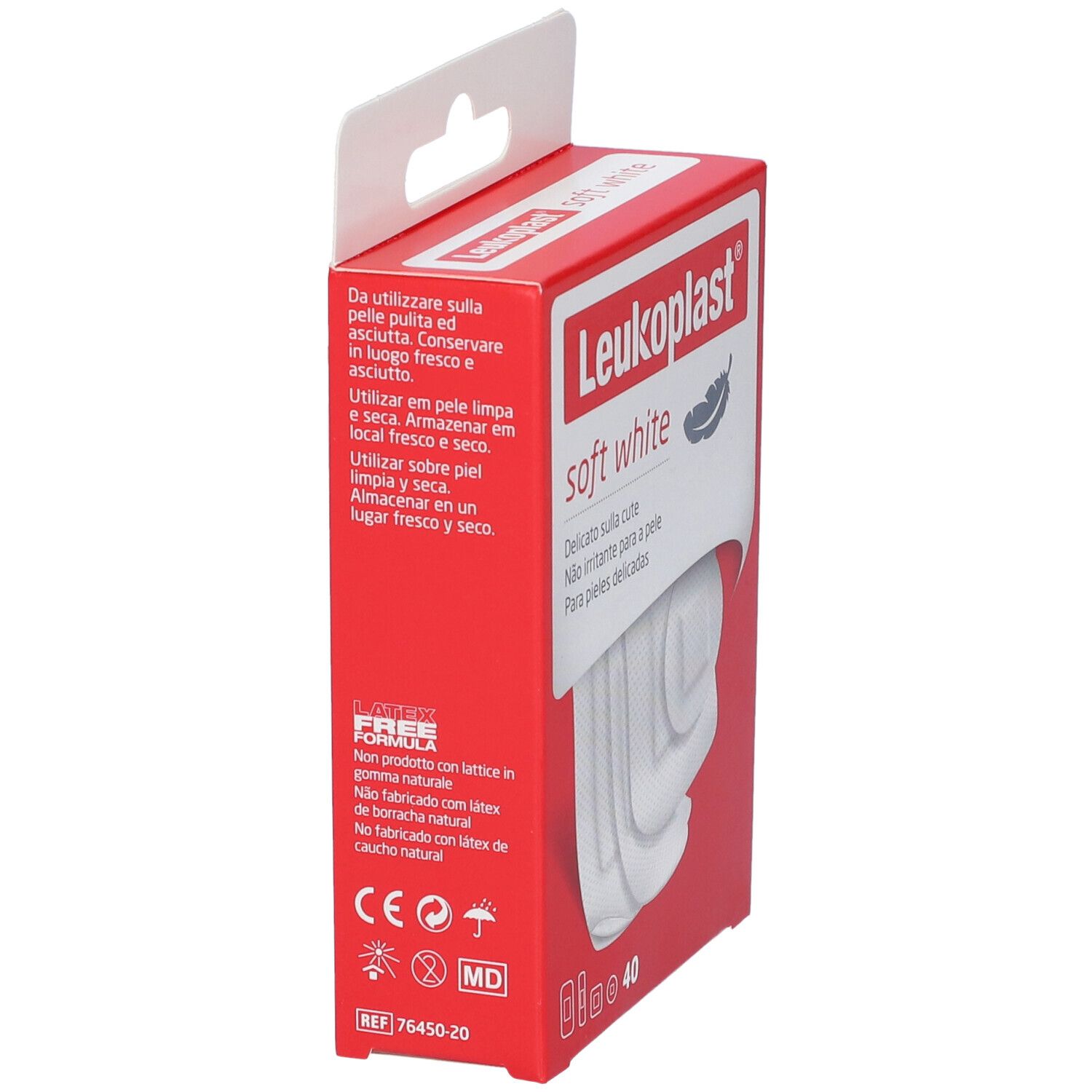 Confezione rossa, vista laterale. Scritta: Leukoplast soft white. Contiene 40 cerotti. Testo su ingredienti e utilizzo.