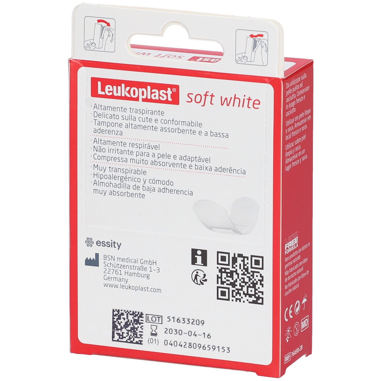 Retro della confezione rossa. Scritta: Leukoplast soft white. Testo sulle proprietà. Codice QR e numero di lotto.