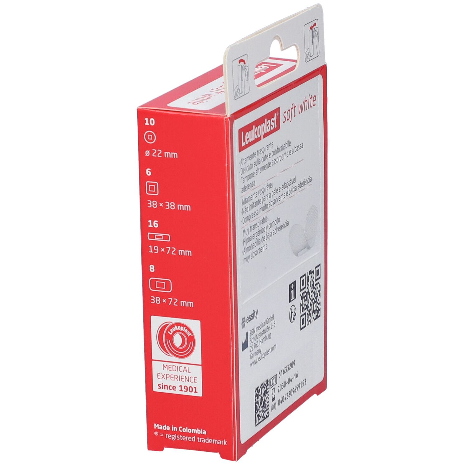 Confezione rossa, vista laterale. Scritta: Leukoplast soft white. Indicazioni delle dimensioni dei cerotti. Logo: Medical Experience.