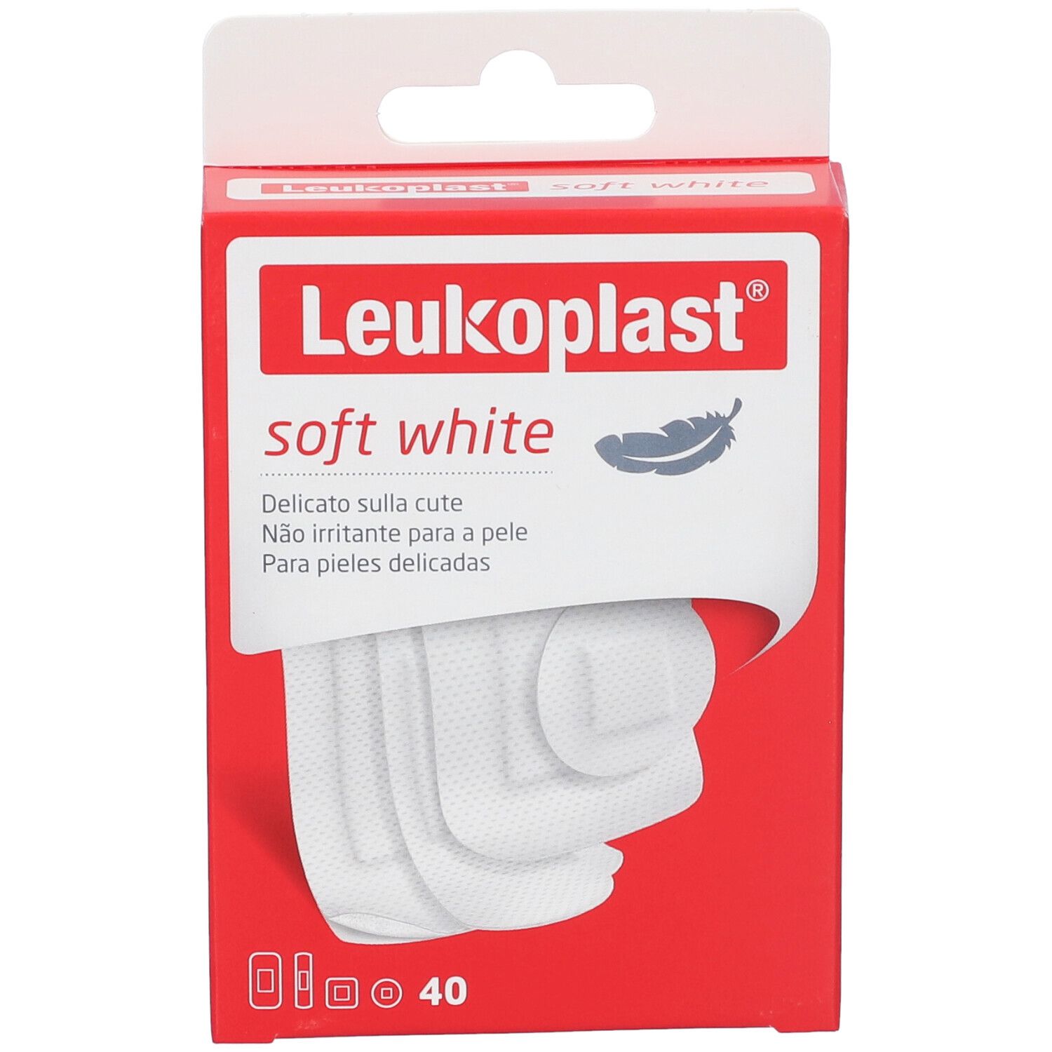 Confezione rossa con cerotti bianchi. Scritta: Leukoplast soft white. Contiene 40 cerotti. Cerotti visibili.