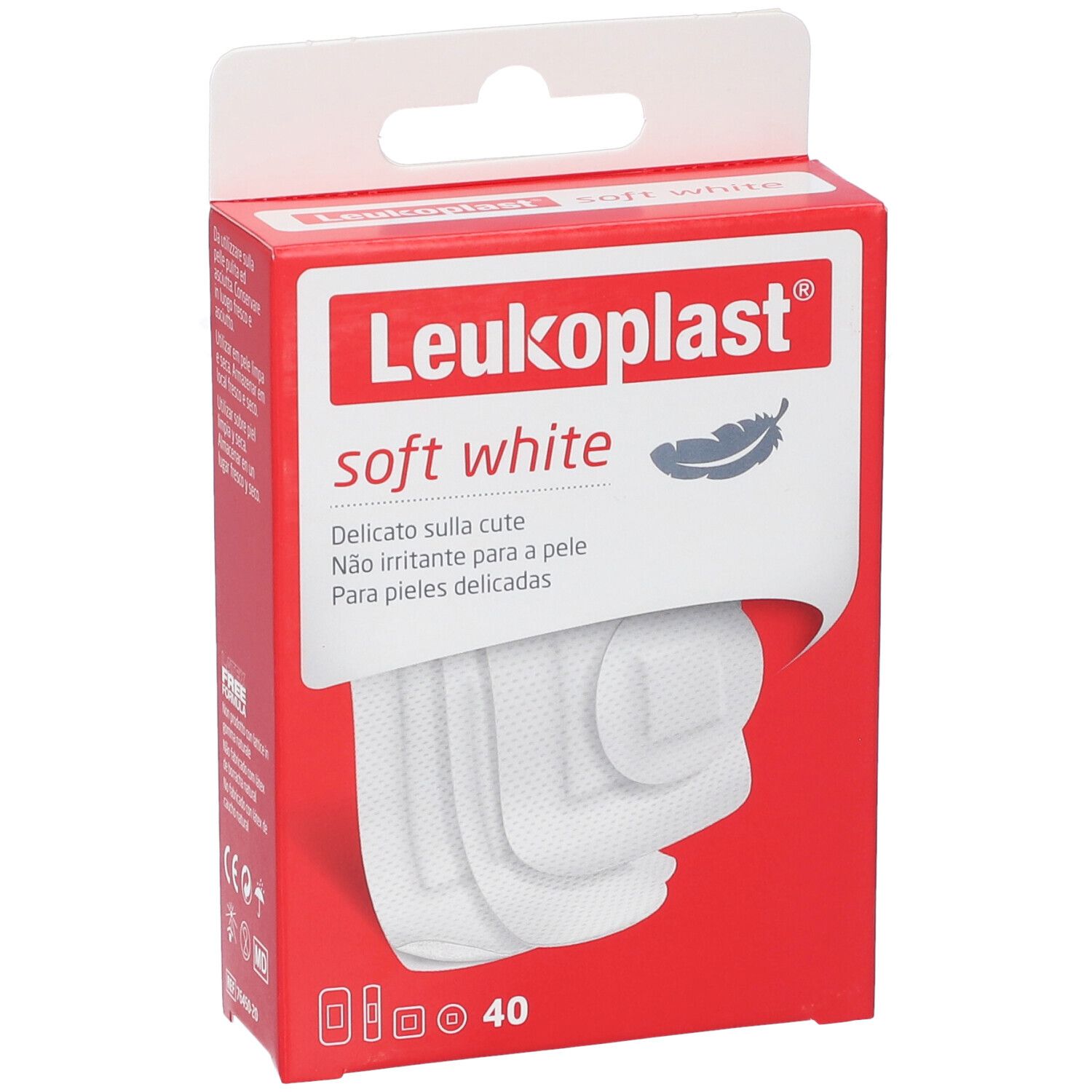 Confezione rossa con cerotti bianchi. Scritta: Leukoplast soft white. Contiene 40 cerotti. Cerotti visibili.