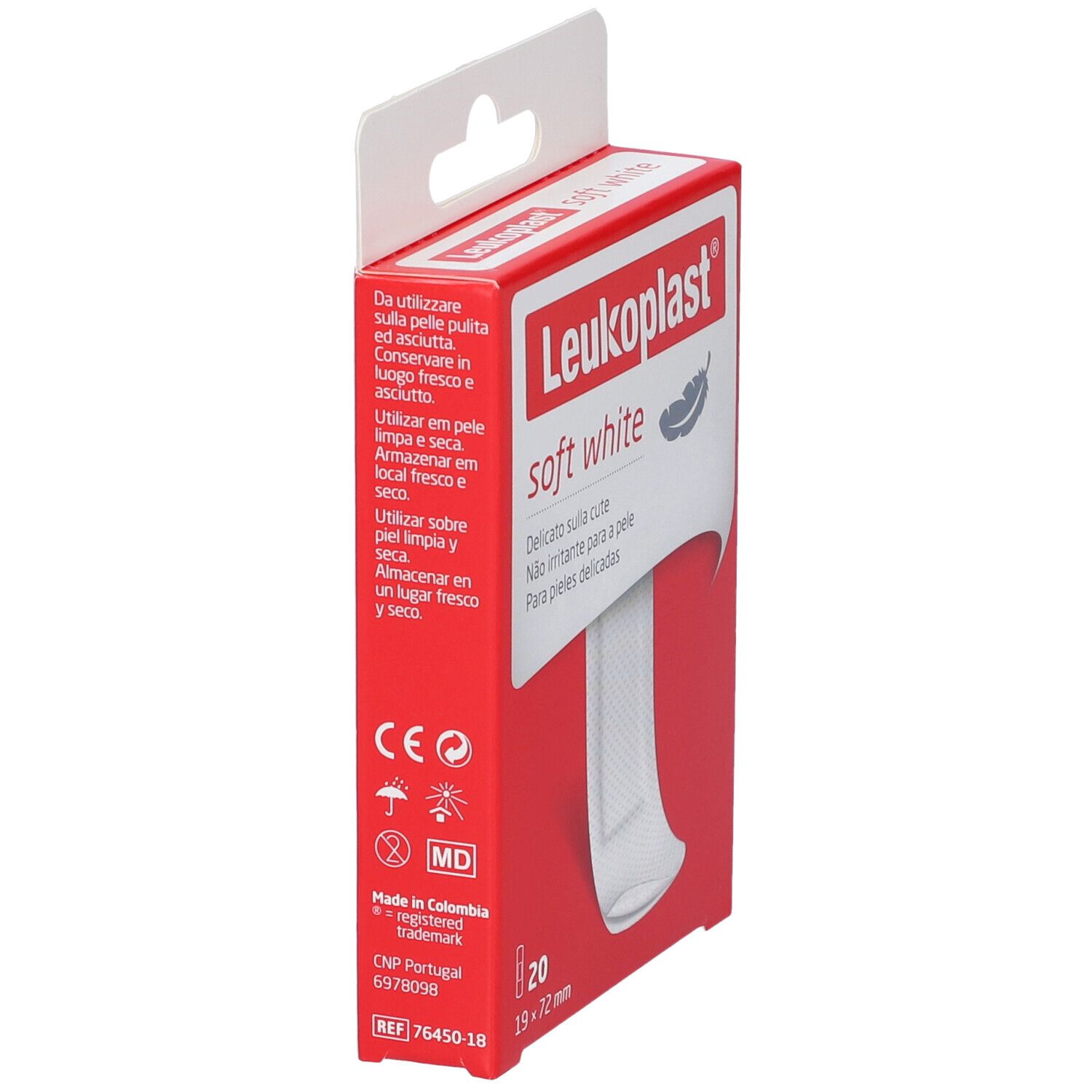 Confezione Leukoplast Soft White Cerotto. Scatola rossa con prodotto e testo. Contiene 20 cerotti, 19x72mm. Vista laterale.