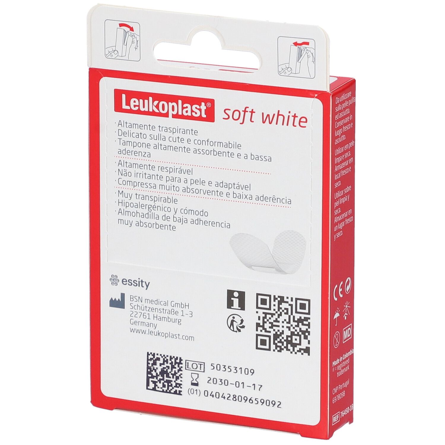 Retro della confezione Leukoplast Soft White Cerotto. Scatola rossa con testo e codice QR. Informazioni sul prodotto.