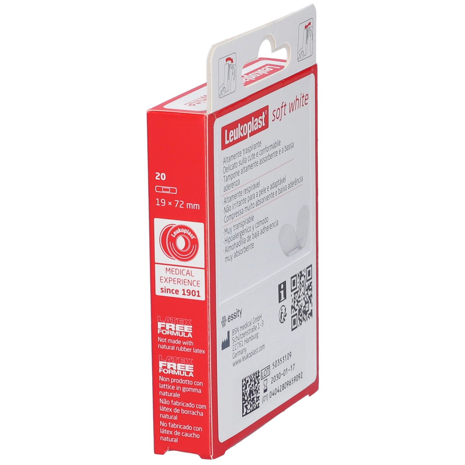 Confezione Leukoplast Soft White Cerotto. Scatola rossa con testo e logo. Contiene 20 cerotti, 19x72mm. Vista laterale.