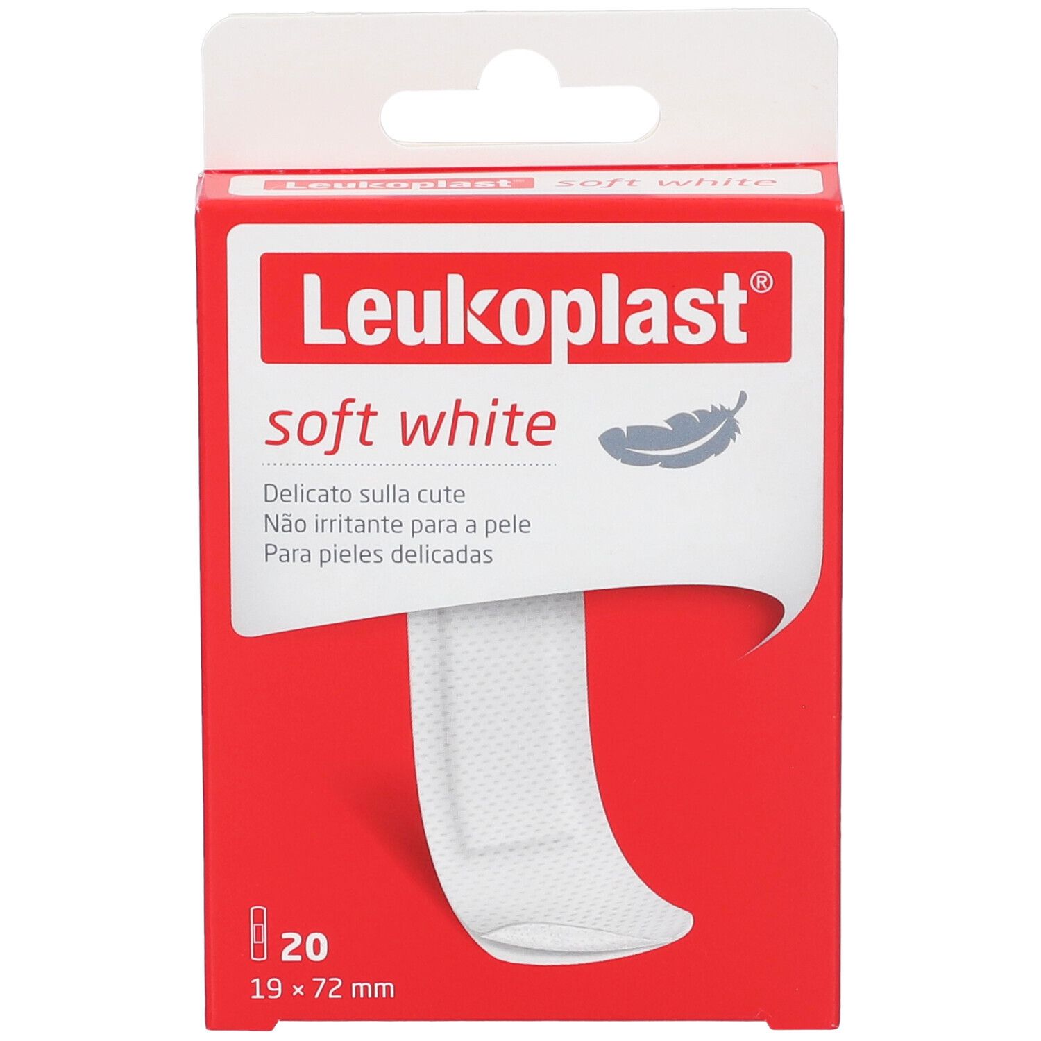 Confezione di Leukoplast Soft White Cerotto. Scatola rossa con prodotto e simbolo piuma. Contiene 20 cerotti, 19x72mm.