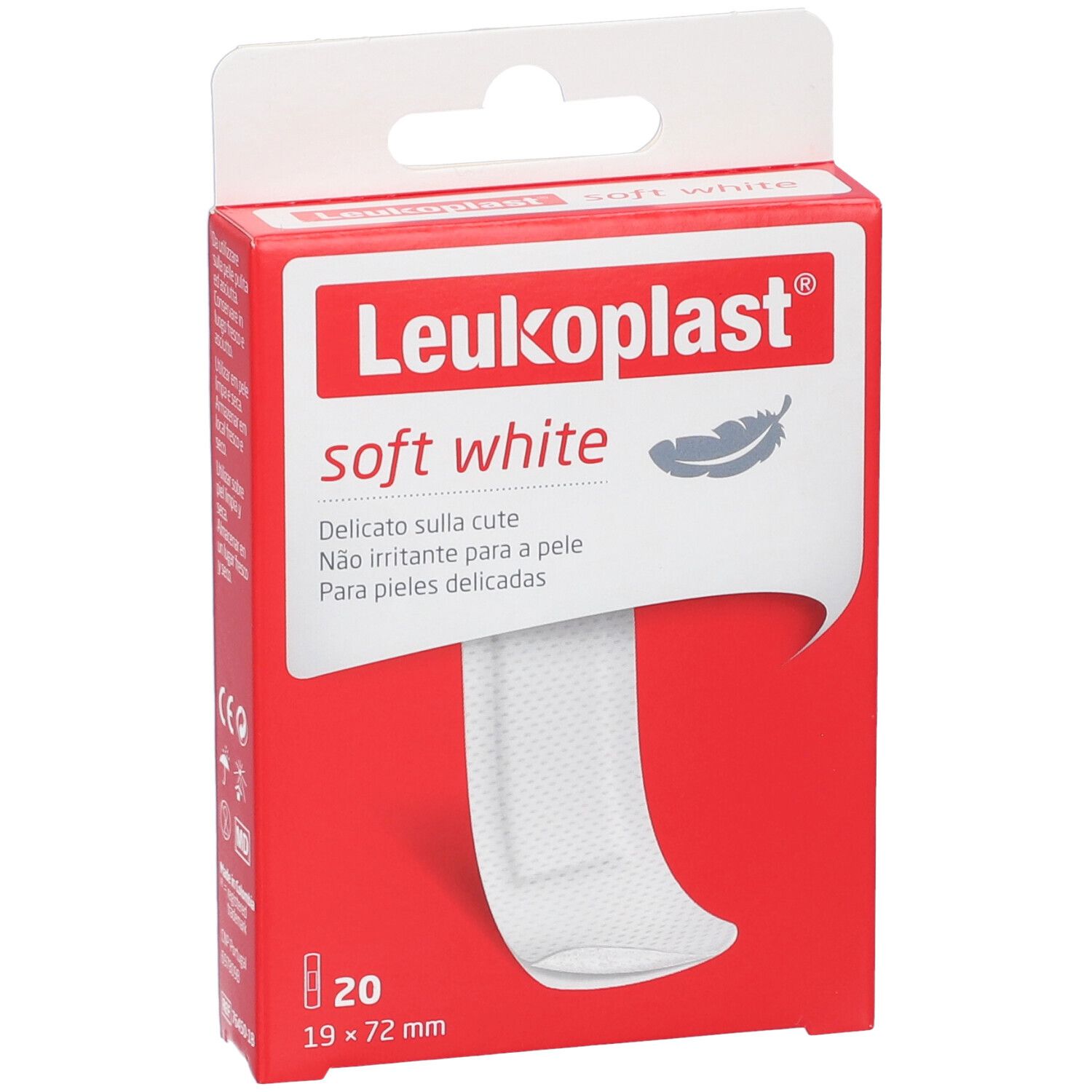 Confezione di Leukoplast Soft White Cerotto. Scatola rossa con prodotto e simbolo piuma. Contiene 20 cerotti, 19x72mm.