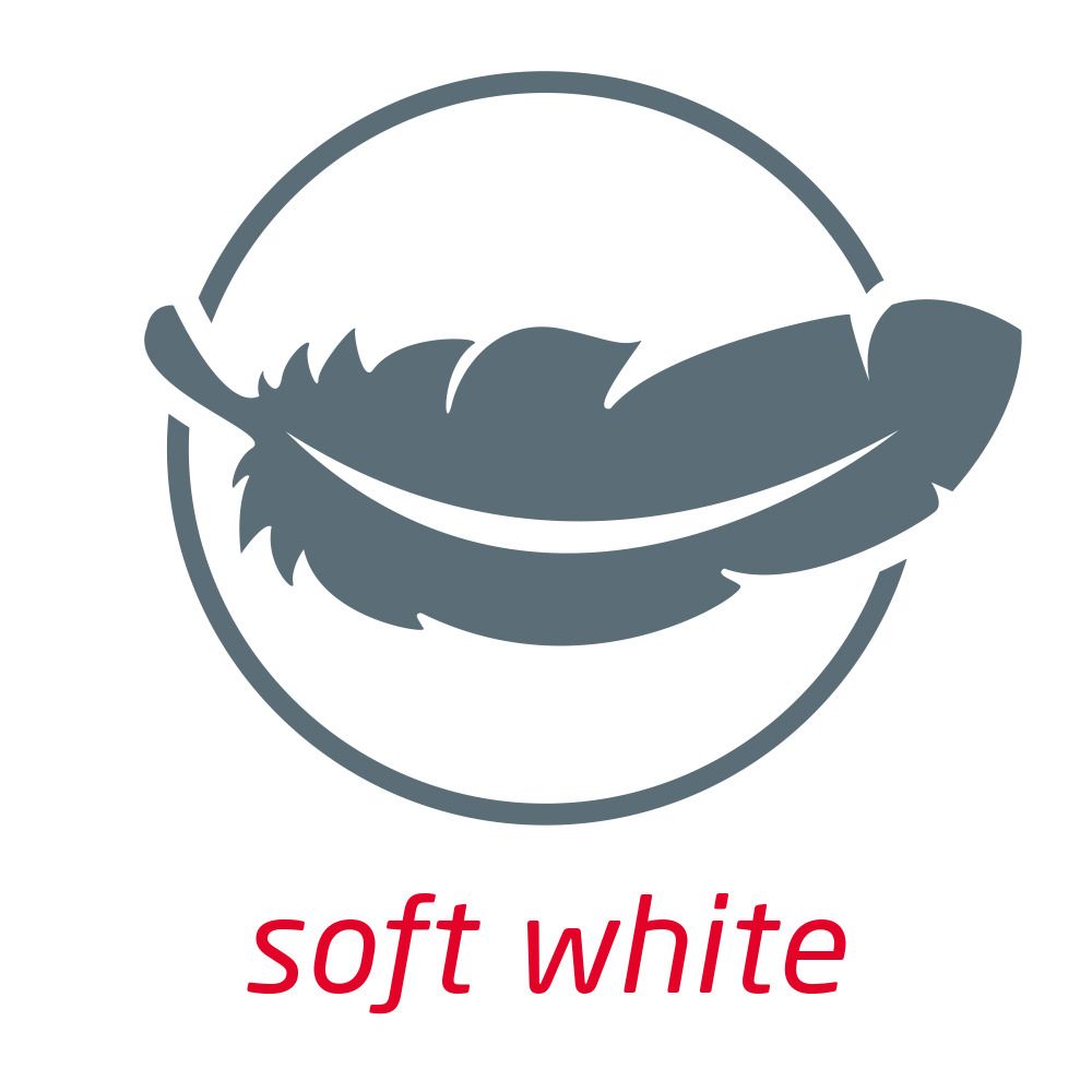 Logo circolare con piuma e scritta: soft white.