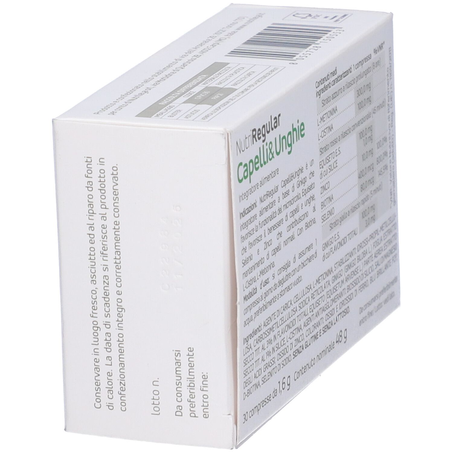 Scatola di NutriRegular Capelli & Unghie. Contiene 30 compresse. Scritto: Integratore alimentare.