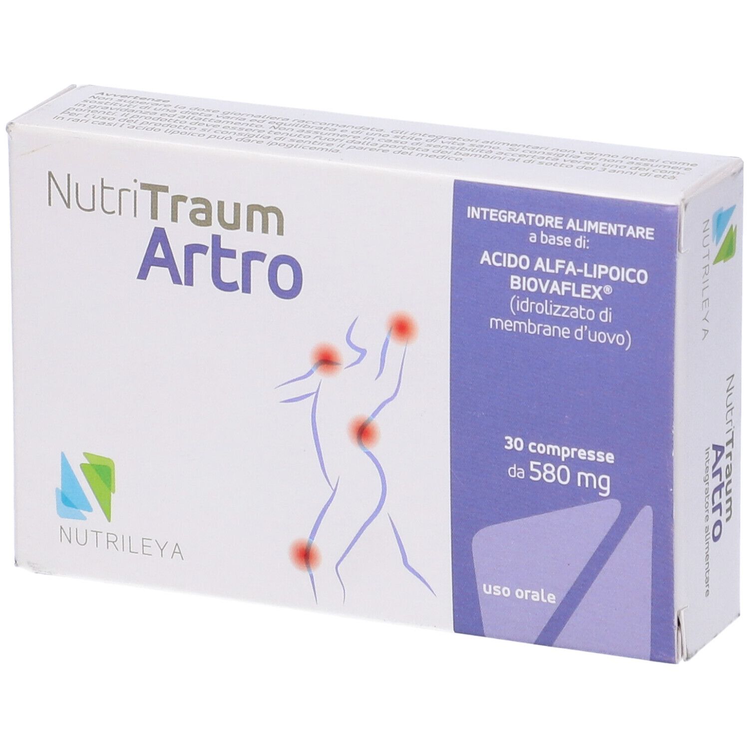 Confezione Nutritraum Artro. Scatola bianca con nome e informazioni. 30 compresse, 580 mg.