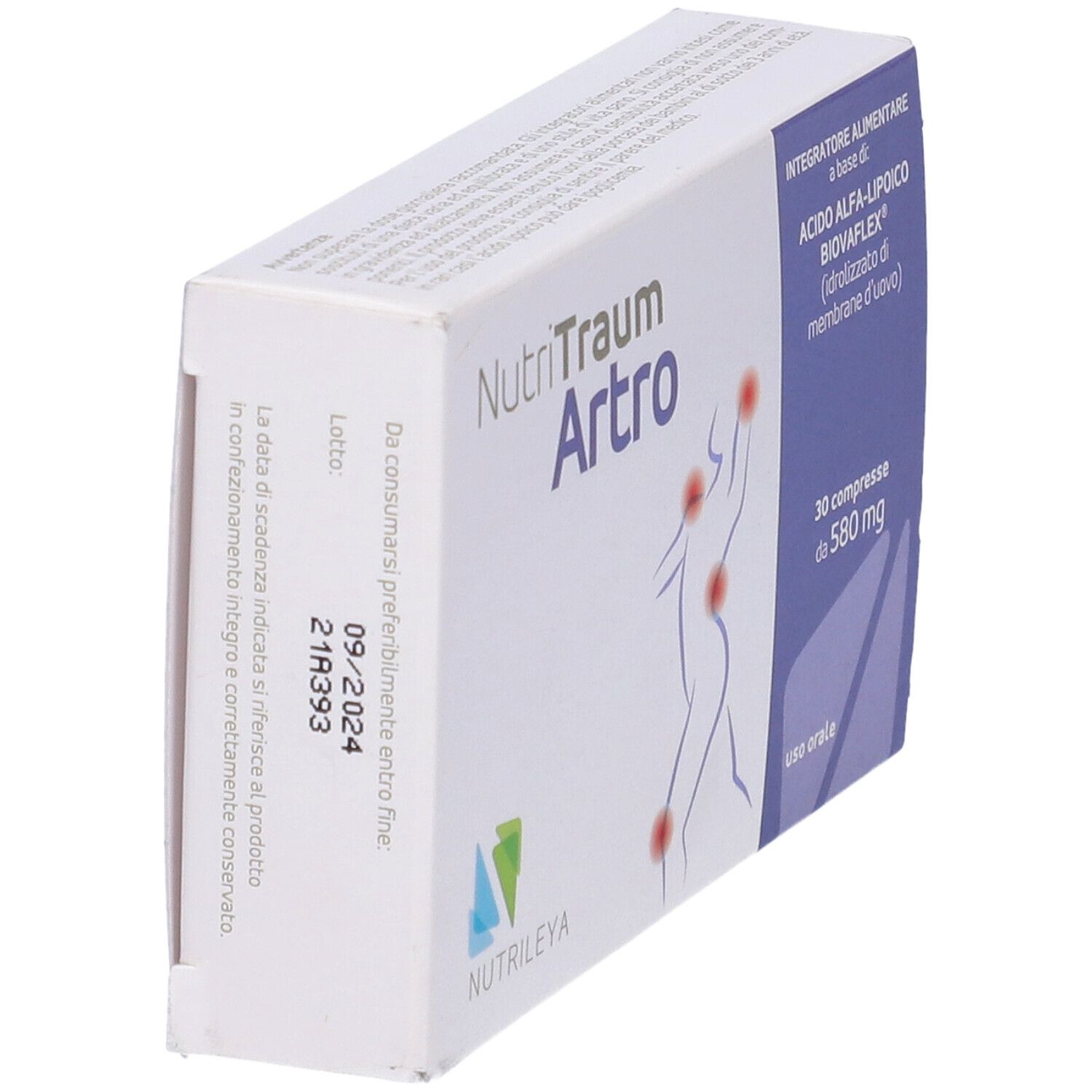Confezione Nutritraum Artro. Scatola bianca, angolata. Nome, informazioni, 30 compresse, 580 mg.