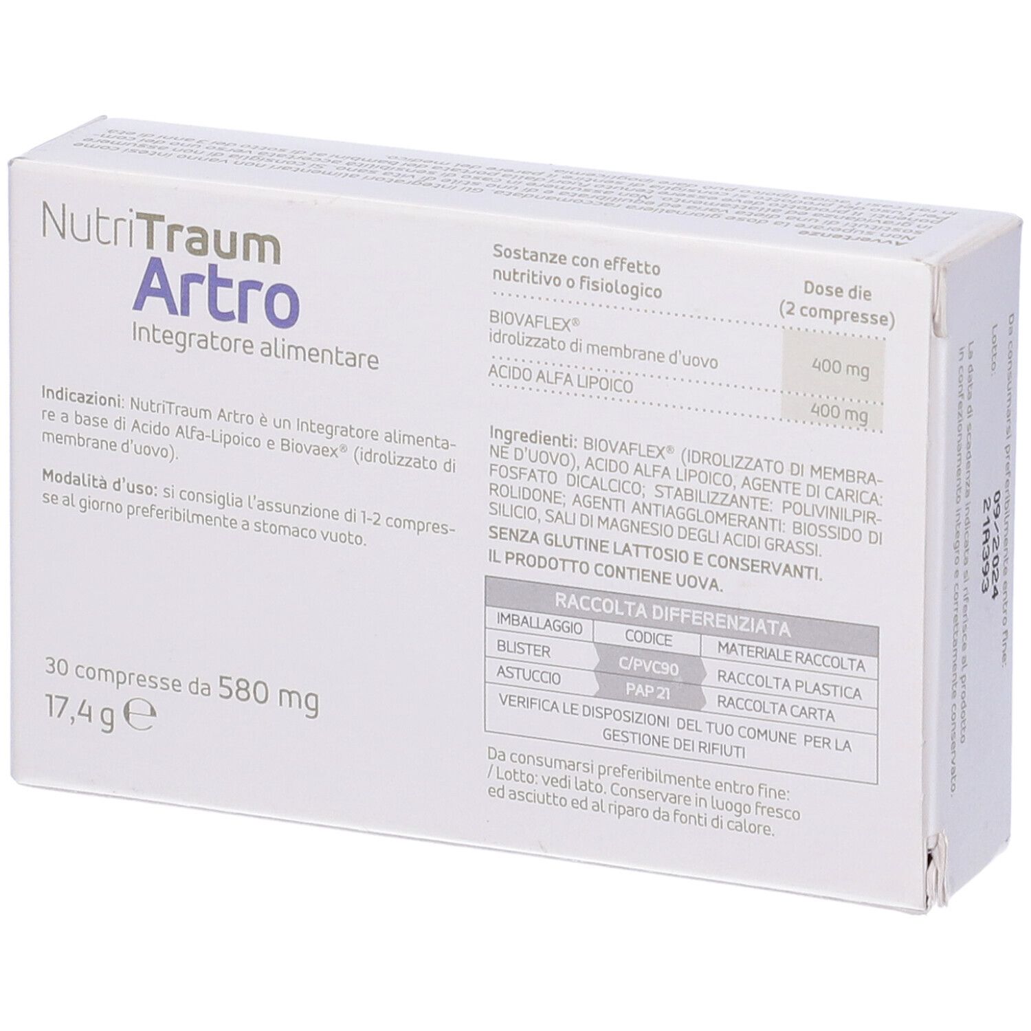 Retro della confezione Nutritraum Artro. Contiene ingredienti, dosaggio e informazioni sullo smaltimento.