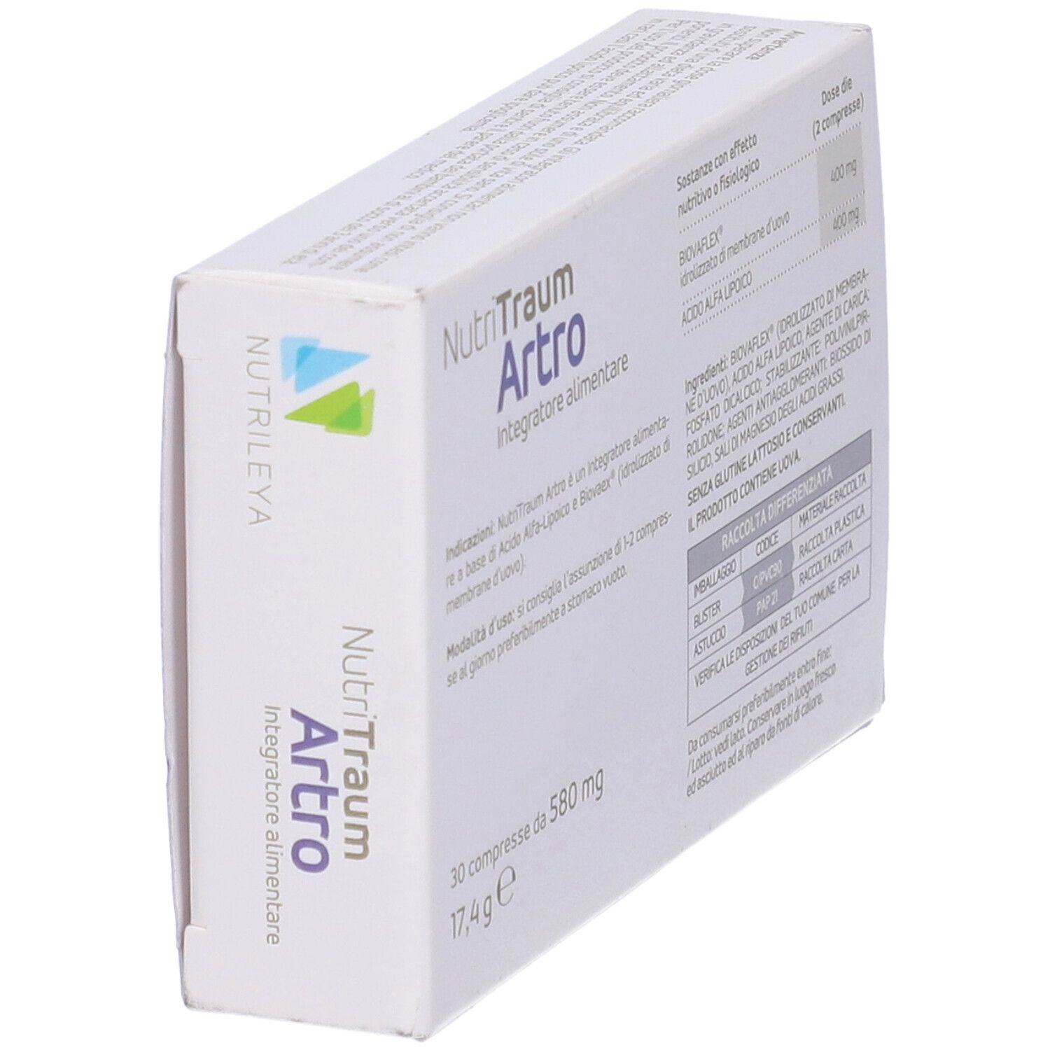 Confezione Nutritraum Artro, angolata. Nome, informazioni, 30 compresse, 580 mg, e logo produttore.