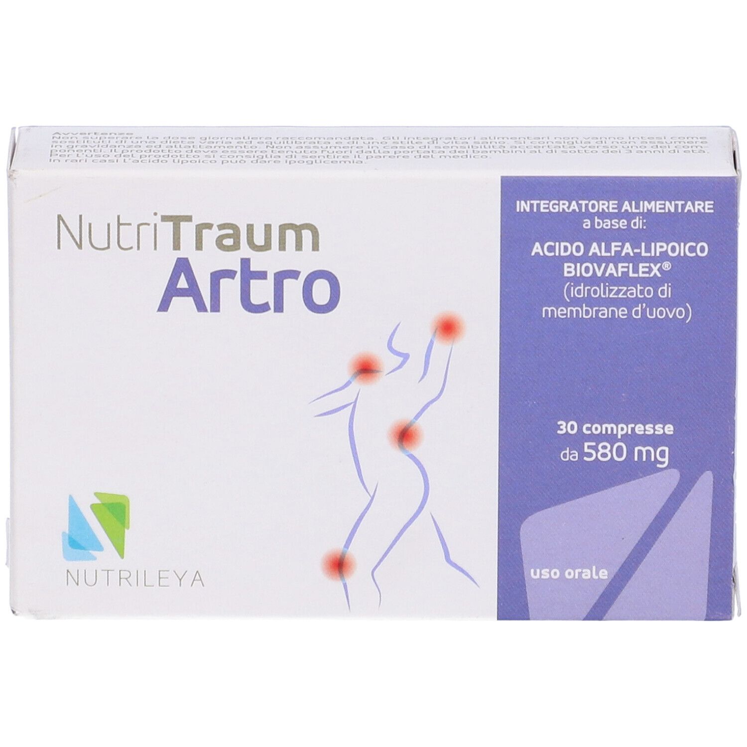 Confezione Nutritraum Artro. Scatola bianca con nome e illustrazione. 30 compresse, 580 mg.