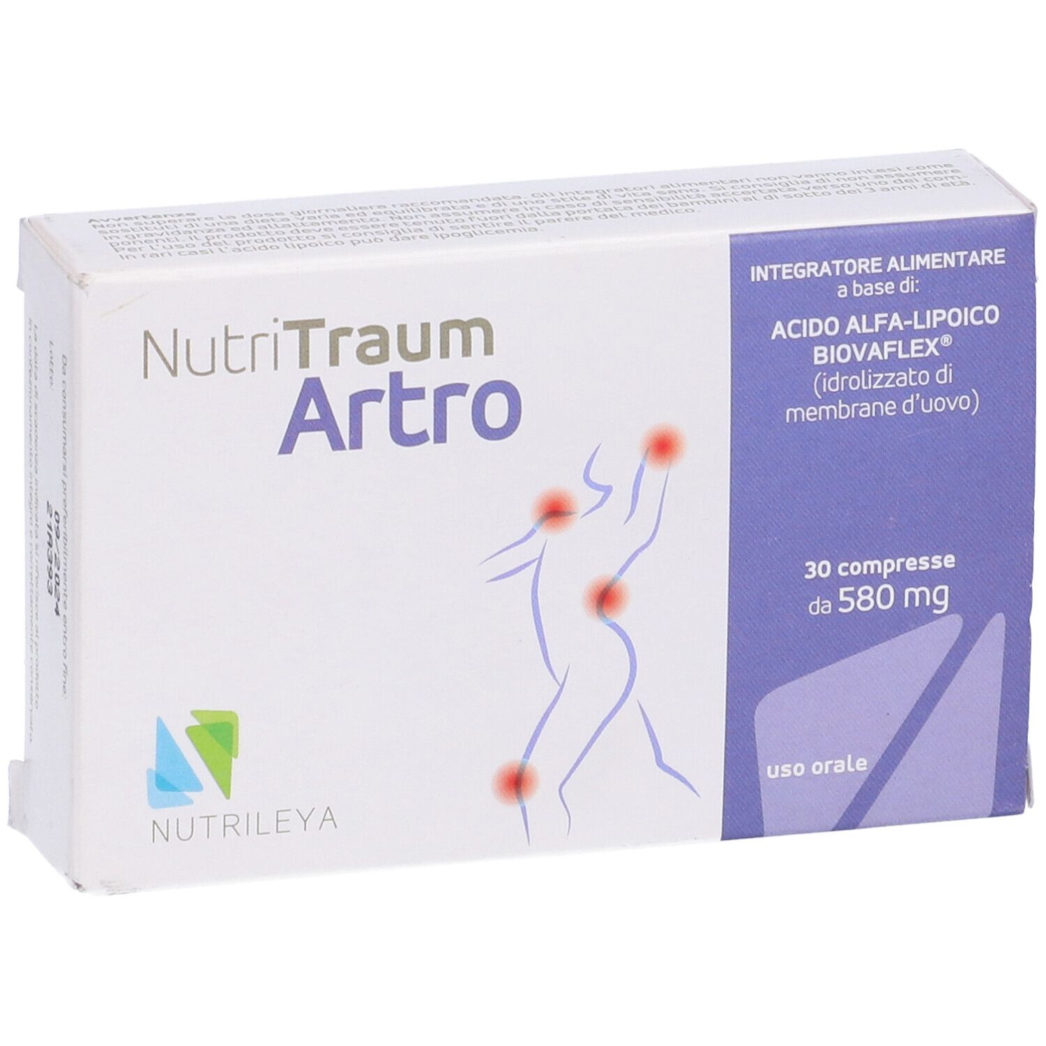 Confezione Nutritraum Artro. Scatola bianca con nome e informazioni. 30 compresse, 580 mg.