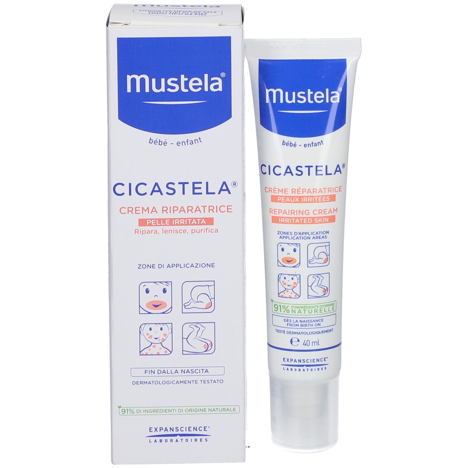 Mustela Cicastela crema e confezione. Testo in italiano. 91% ingredienti naturali. Dermatologicamente testato. 40 ml.