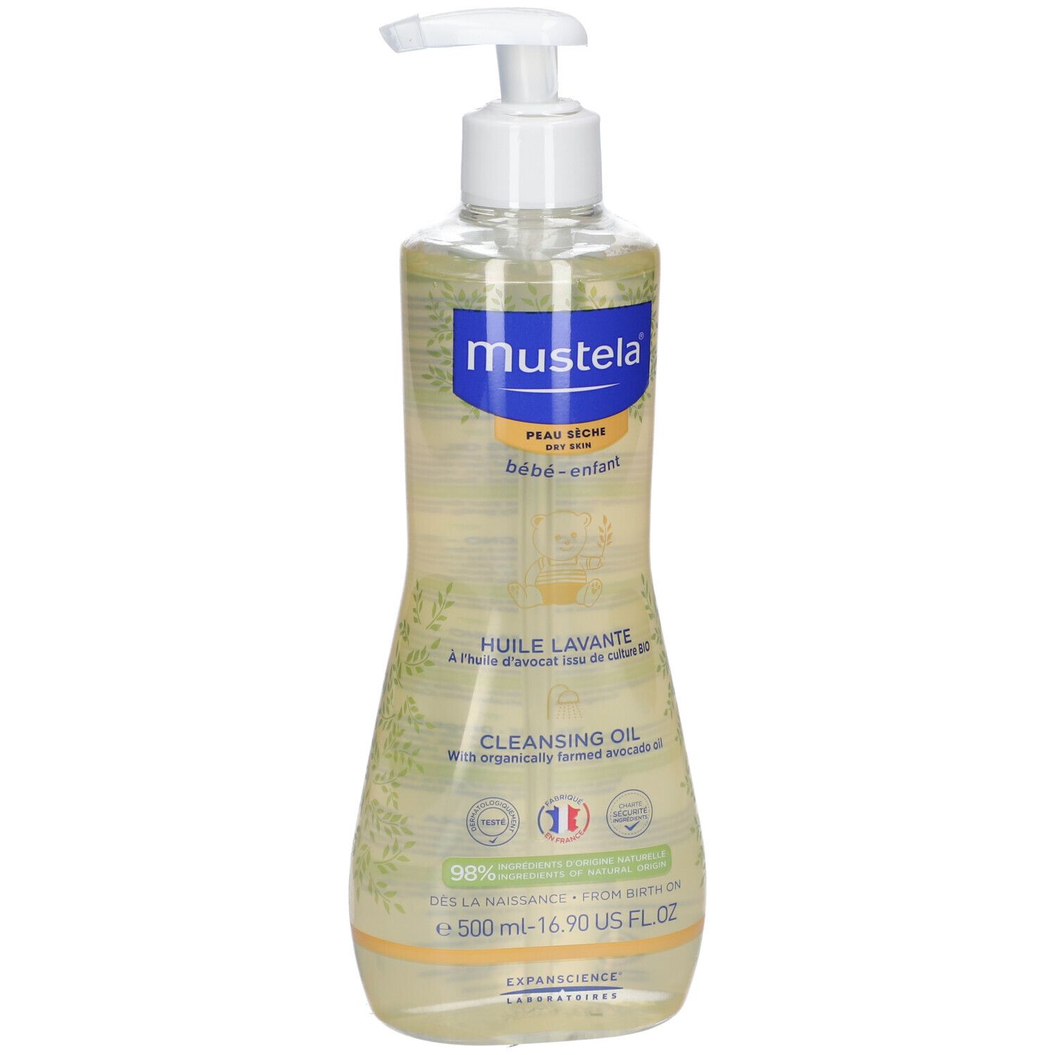 Flacone di olio detergente Mustela. Liquido giallo, erogatore bianco. Scritta: Huile Lavante, Cleansing Oil. Per pelle secca, bebè.