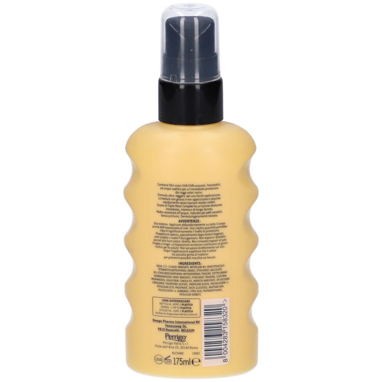 Retro del flacone beige con erogatore nero. Testo e informazioni in italiano. In basso: 175ml.